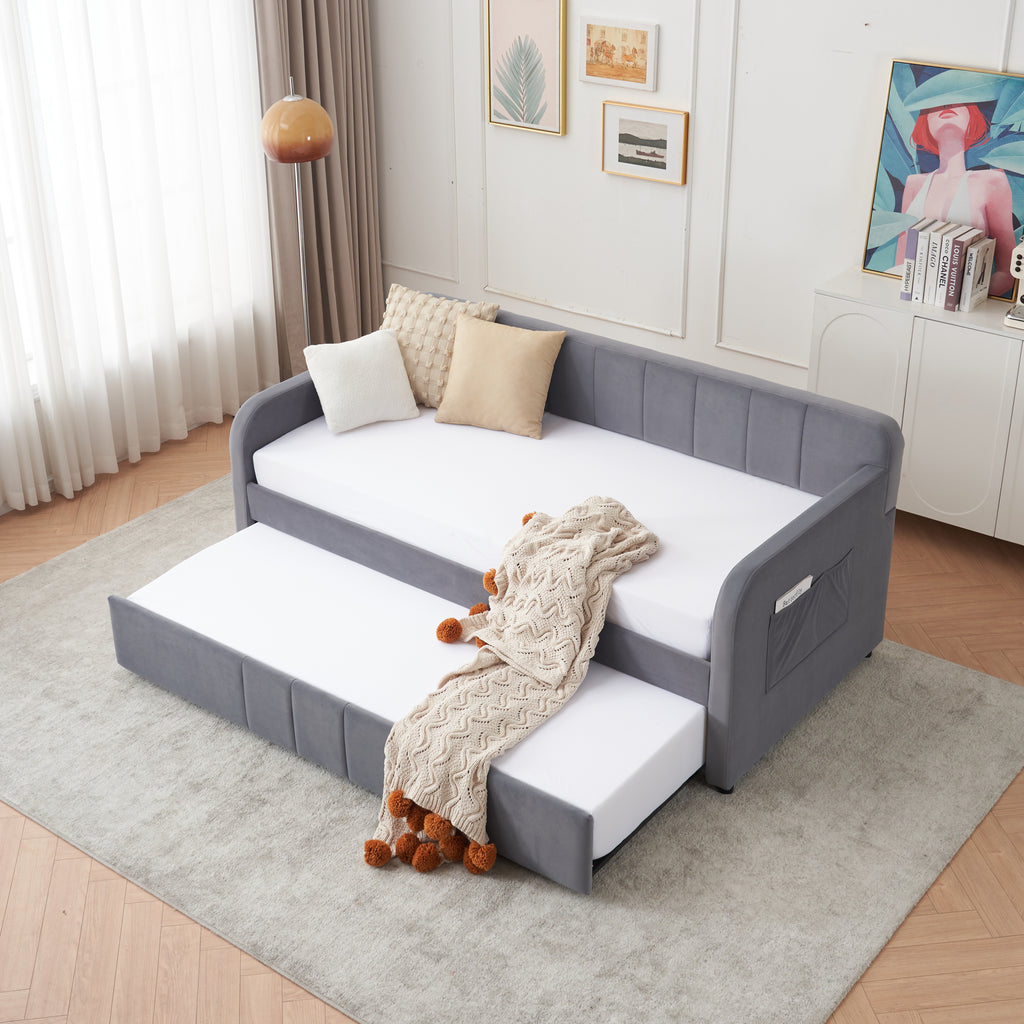 Twin Upholstered Daybed Frame with Trundle, Twin Size Sofa Bed for Bedroom Living Room Guest Room, Wood Slat Support,Grey - Grand Goldman Shop