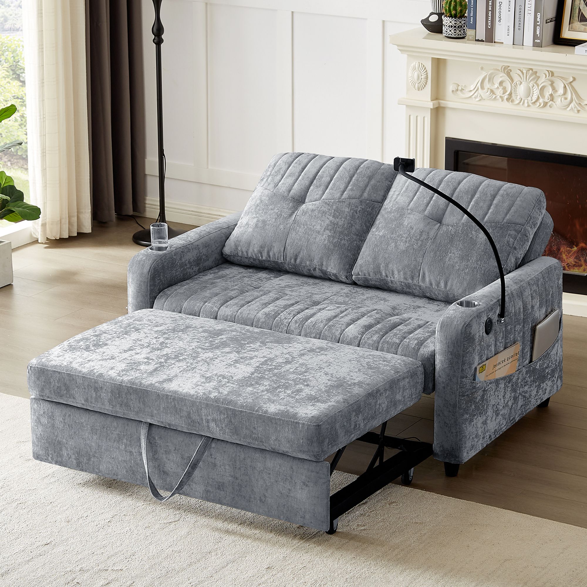 Modern Loveseat Pull-out Sofa Bed with Adjustable Backrest, Cup Holders, Phone Holder, Charging Ports, Side Storage Pockets, Grey Chenille - Grand Goldman Shop