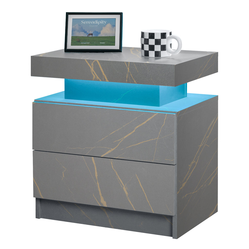 Nightstand LED Bedside Table Cabinet Lights Modern End Side with 2 Drawers for Bedroom (Grey Gold) - Grand Goldman Shop