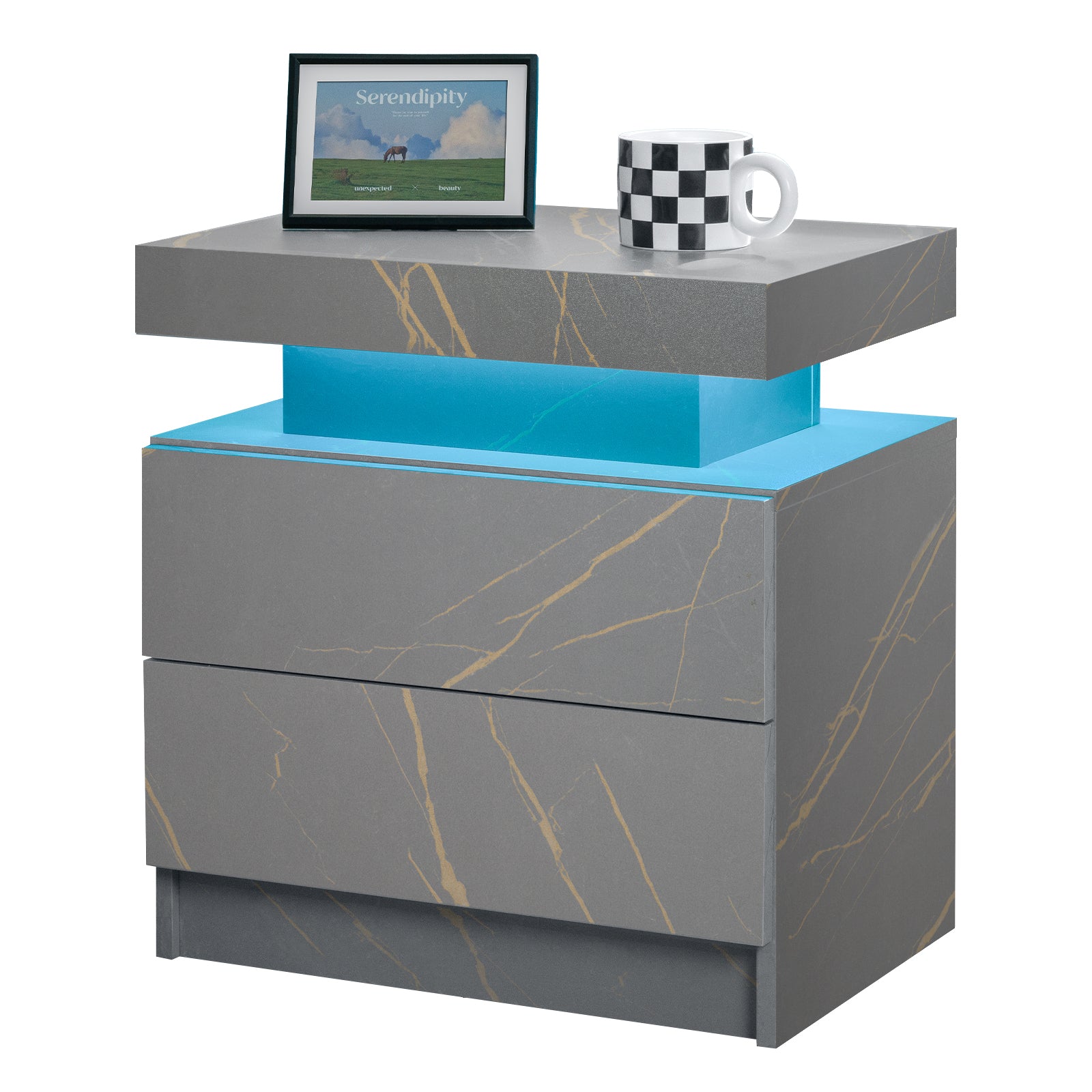Nightstand LED Bedside Table Cabinet Lights Modern End Side with 2 Drawers for Bedroom (Grey Gold) - Grand Goldman Shop