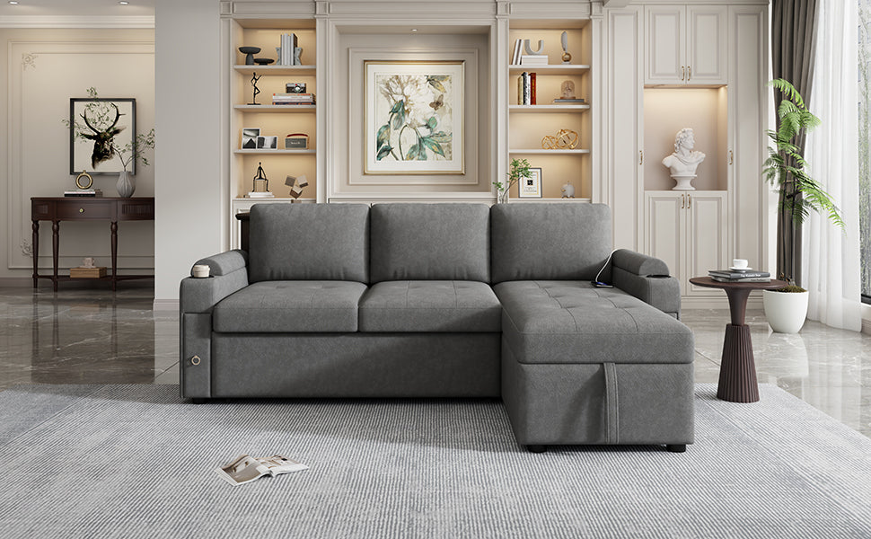 Modern L-shaped Convertible Sofa Bed with Storage, Cup Holders, USB Ports, Gray Chenille, 83.5' - Grand Goldman Shop