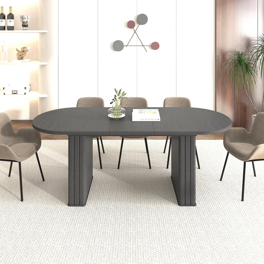 Kitchen extendable dining table for 4-8 people, oval kitchen table with wooden strip base for family living room (black) - Grand Goldman Shop