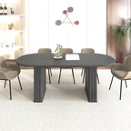 Kitchen extendable dining table for 4-8 people, oval kitchen table with wooden strip base for family living room (black) - Grand Goldman Shop