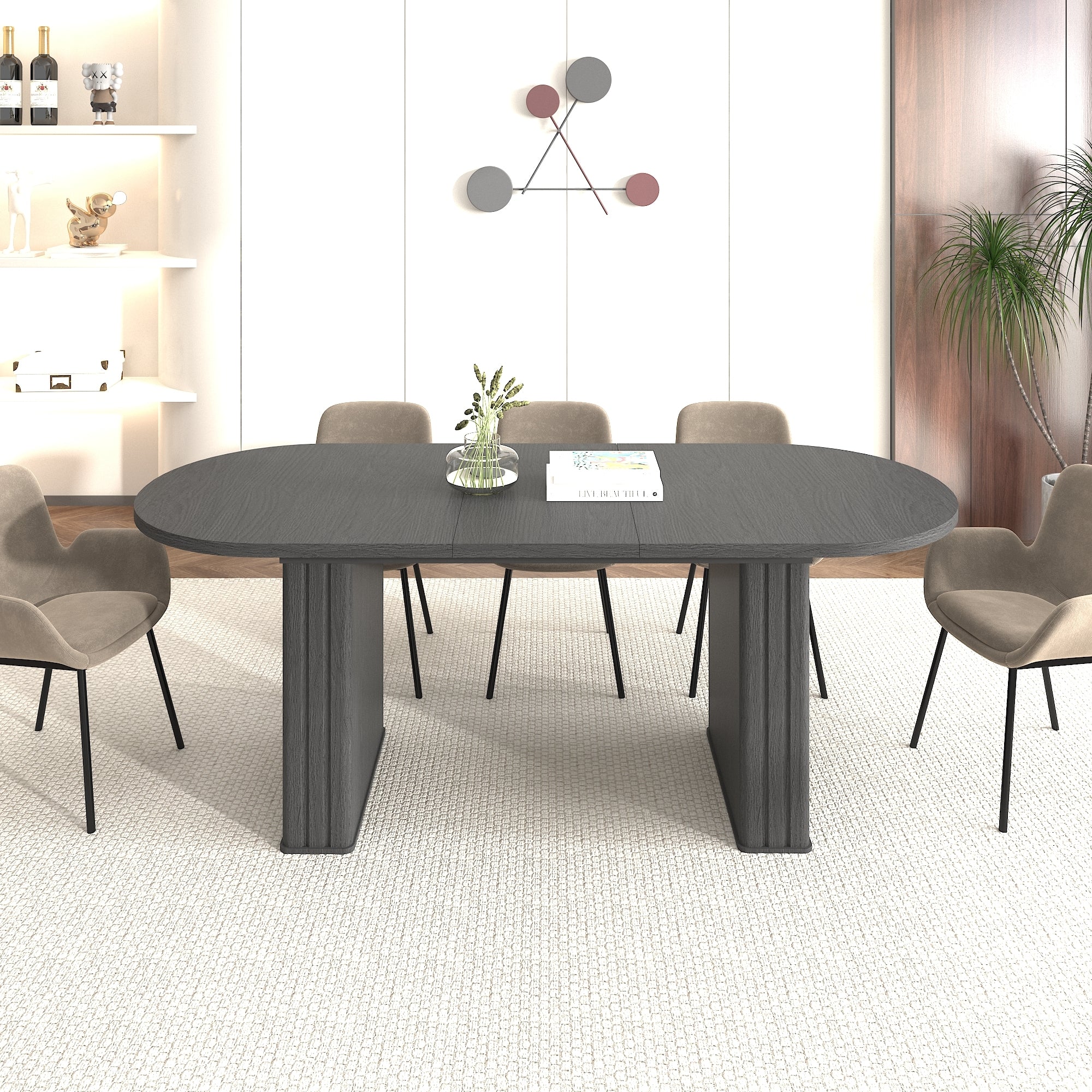 Kitchen extendable dining table for 4-8 people, oval kitchen table with wooden strip base for family living room (black) - Grand Goldman Shop