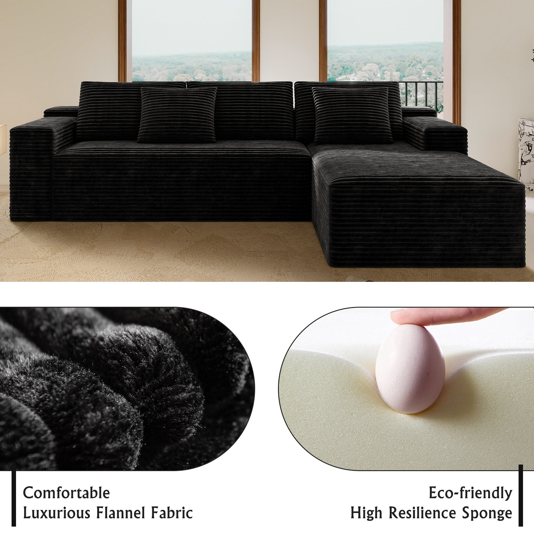 104.3*68.9'Modular sectional sofa seat,Upholstered compressed couch for living room,Bedroom,Apartment,No assembly required,2PC free combination,Plush corduroy fabric,BLACK - Grand Goldman Shop
