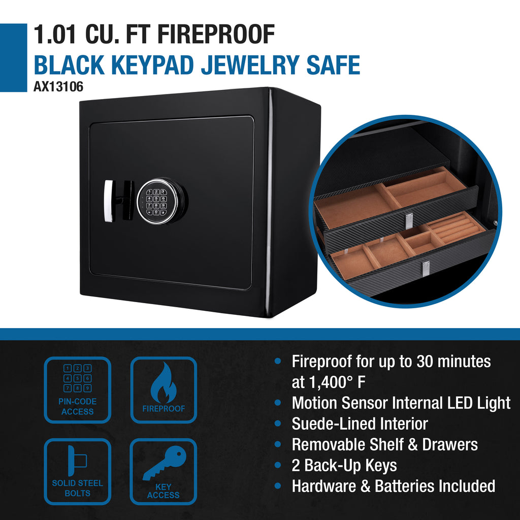 Black Jewelry Safe V2 with Fireproof Protection and Advanced Locking, Steel, 1.01 Cubic Ft | Premium Home Decor - Grand Goldm