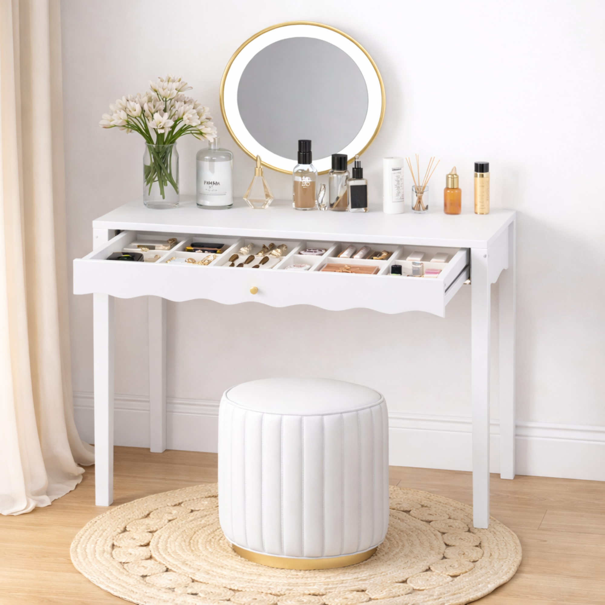 White 35.43' Vanity Desk with Drawer – Modern Makeup Table with Scalloped Front & Gold Knob, Compact Writing Desk with 4 Sturdy Legs for Bedroom, Small Home Office & Apartment Spaces - Grand Goldman Shop