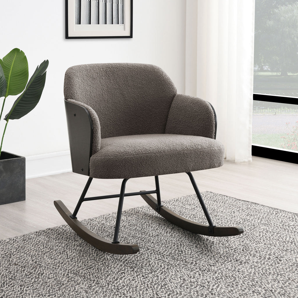 Valera Taupe Boucle Upholstered Mid Back Rocking Chair with Walnut-Finished Bentwood Frame and Metal Legs - Grand Goldman Shop