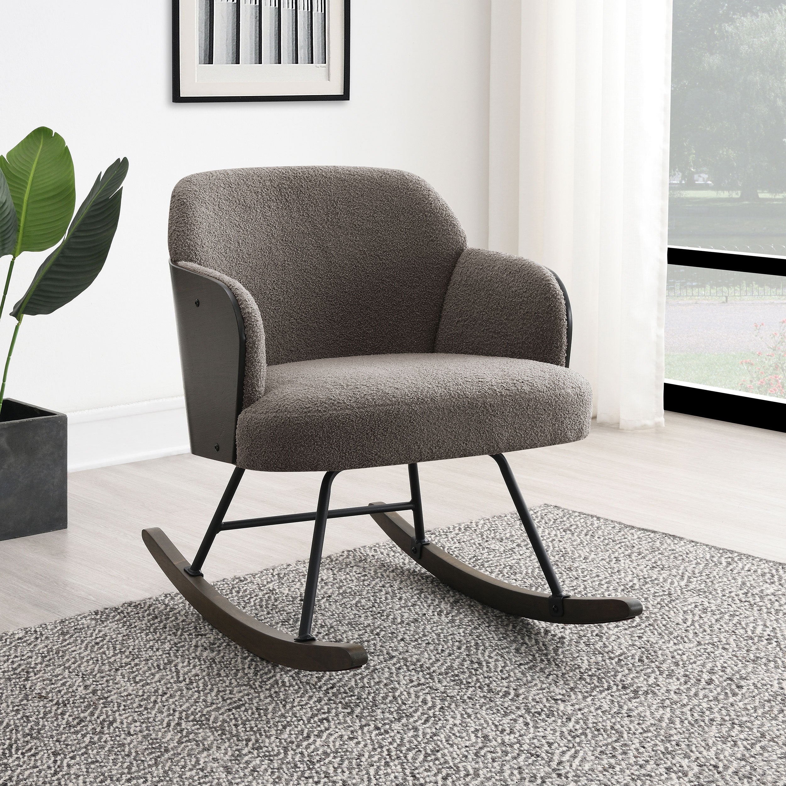 Valera Taupe Boucle Upholstered Mid Back Rocking Chair with Walnut-Finished Bentwood Frame and Metal Legs - Grand Goldman Shop
