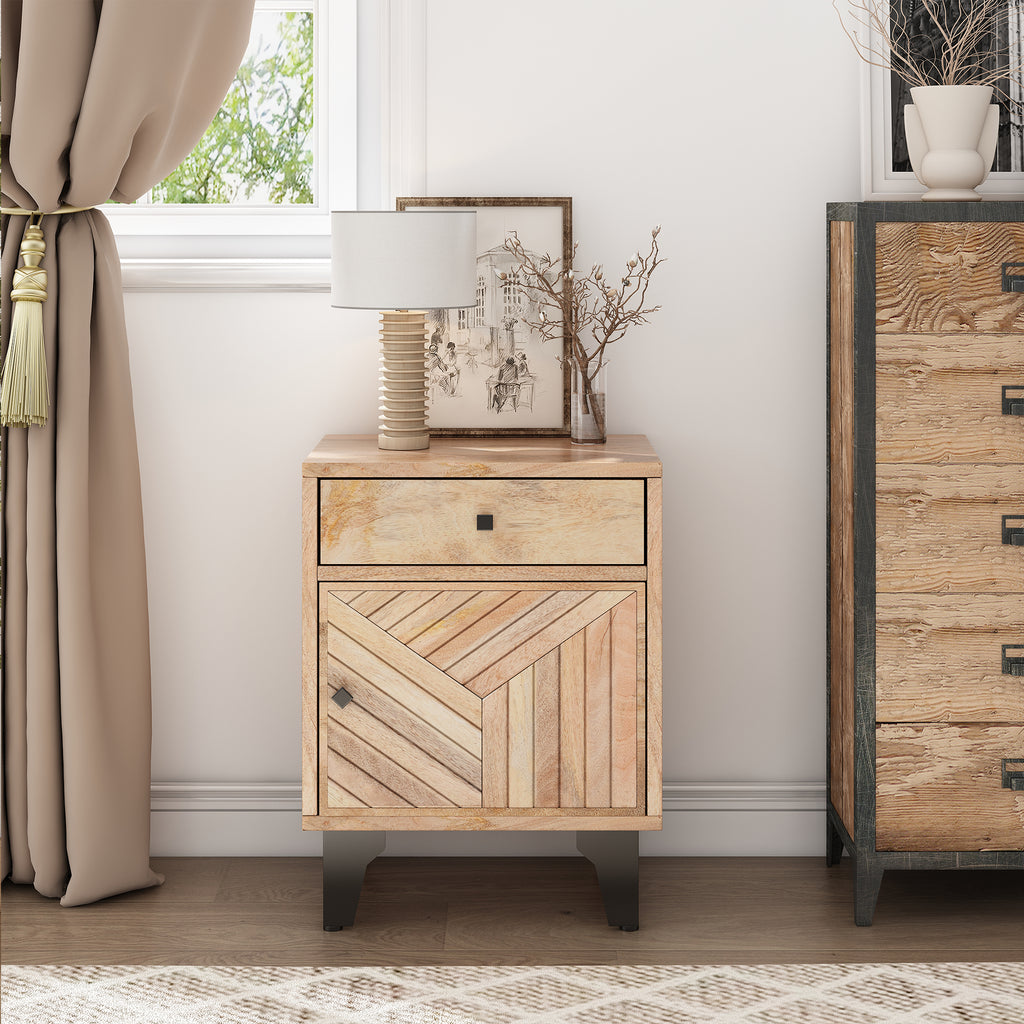 Solid Wood Vintage Nightstand with Handcrafted Detailing in Natural Finish - Grand Goldman Shop