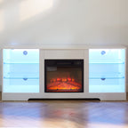TV Stand Electric Fireplace  Glass Shelves, 3D Fireplace TV Stand with LED Lights Wood with USB Charging Outlet Modern Television Table Center for TV up to 62' White, 58''W*15.4''D*24.6 - Grand Goldman Shop