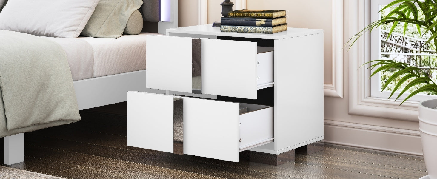 Elegant Nightstand with Metal Foot, Mirrored Bedside Table with 2 Drawers for Bedroom, Living Room, White (Old SKU: WF319353AAK) - Grand Goldman Shop