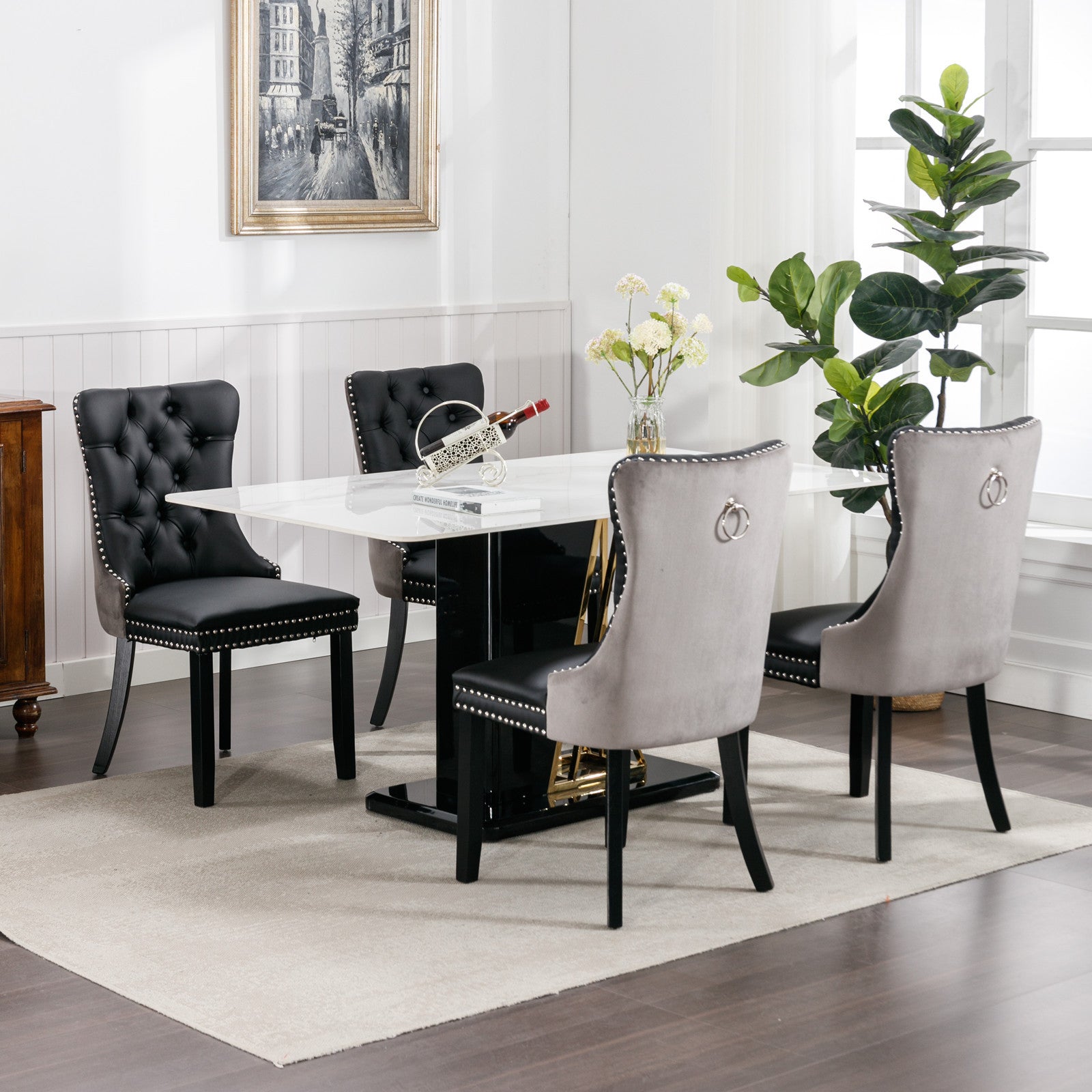 A&A Furniture,Nikki Collection Modern, High-end Tufted Solid Wood Contemporary PU and Velvet Upholstered Dining Chair with Wood Legs Nailhead Trim  2-Pcs Set，Black+Gray, SW2101BG - Grand Goldman Shop