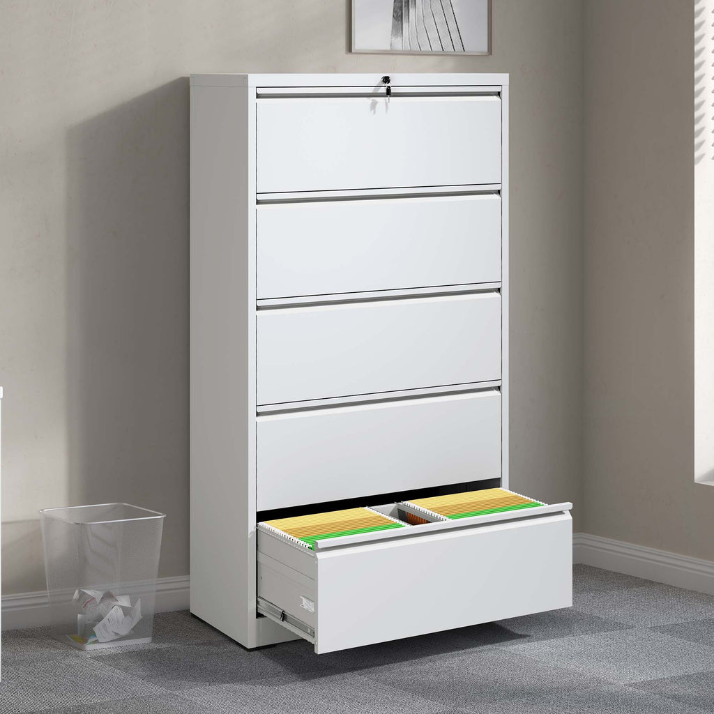 5 Drawer Metal Lateral File Cabinet , White Filing Cabinet with Lock, Lockable File Cabinet for Home Office, Locking Metal Fi