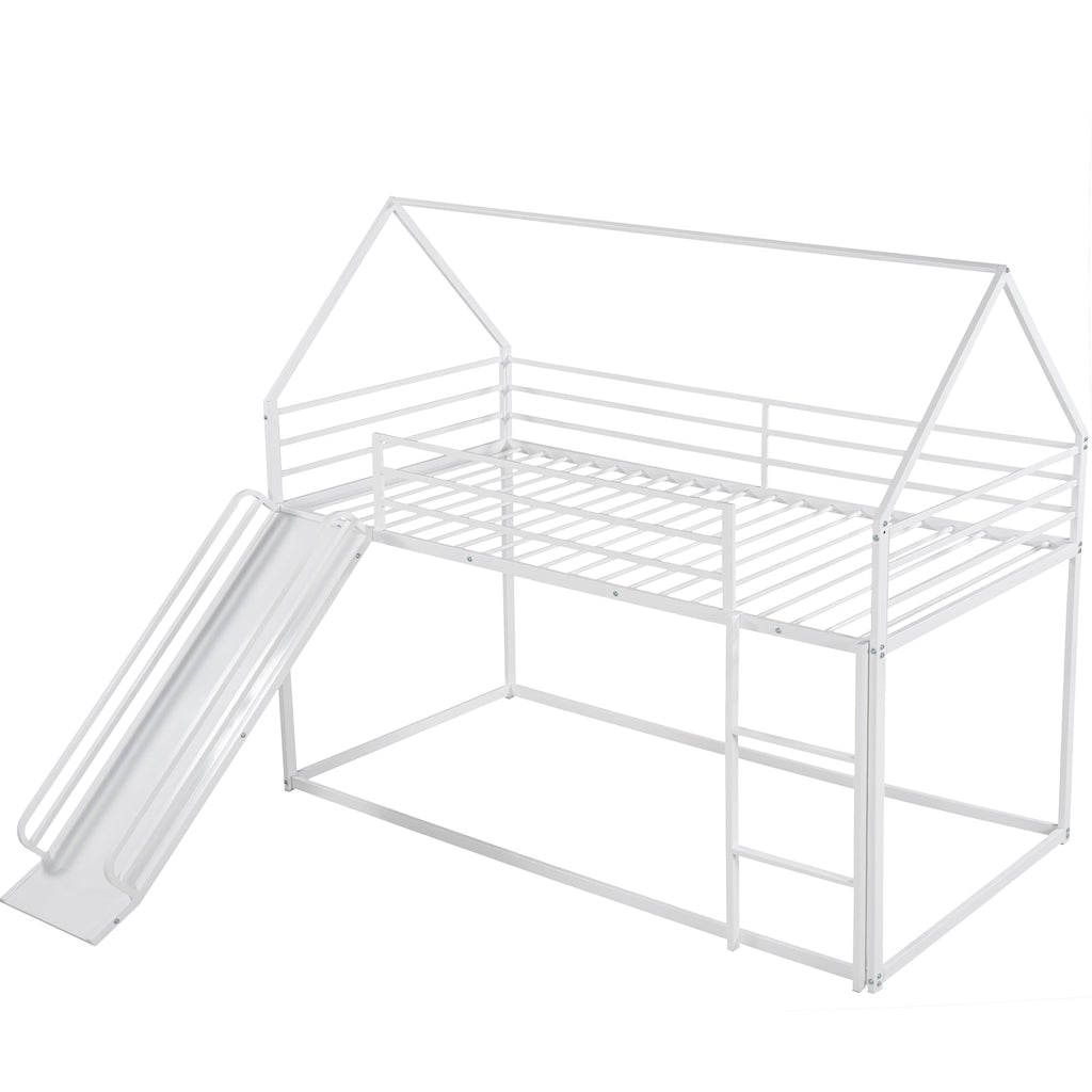 Zulah Twin over Twin House Bunk Bed with Ladder and Slide, White - Grand Goldman Shop