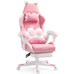 Cat Ears Pink Gaming Chair - Pink PU Leather Ergonomic Reclining Office Chair with Footrest, 310lb Capacity, 6-Position Recli