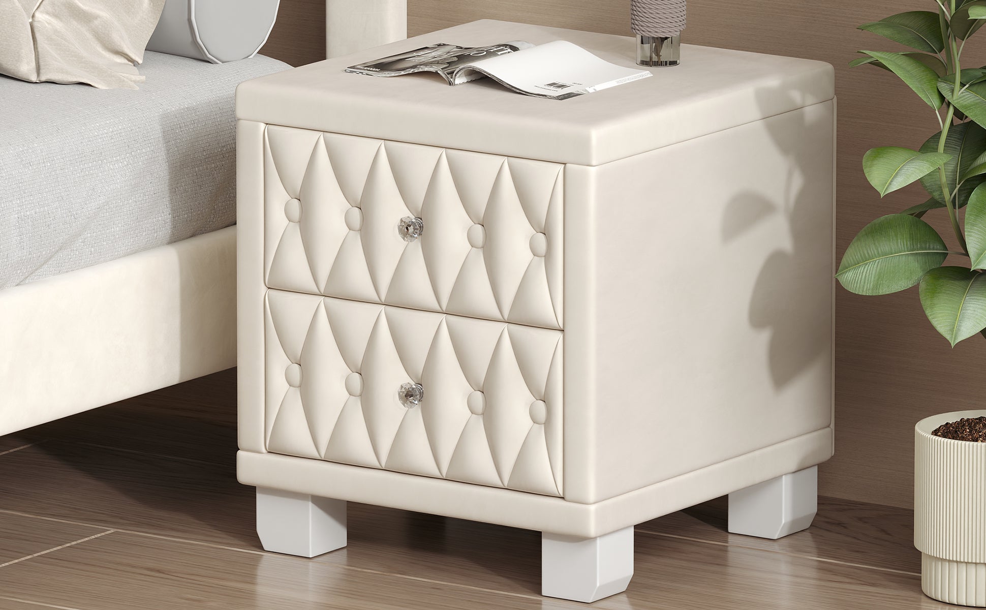 Elegant Velvet Nightstand with 2 Drawers and Crystal Handle, Storage Bedside Table with Button-Tufted, Beige - Grand Goldman Shop