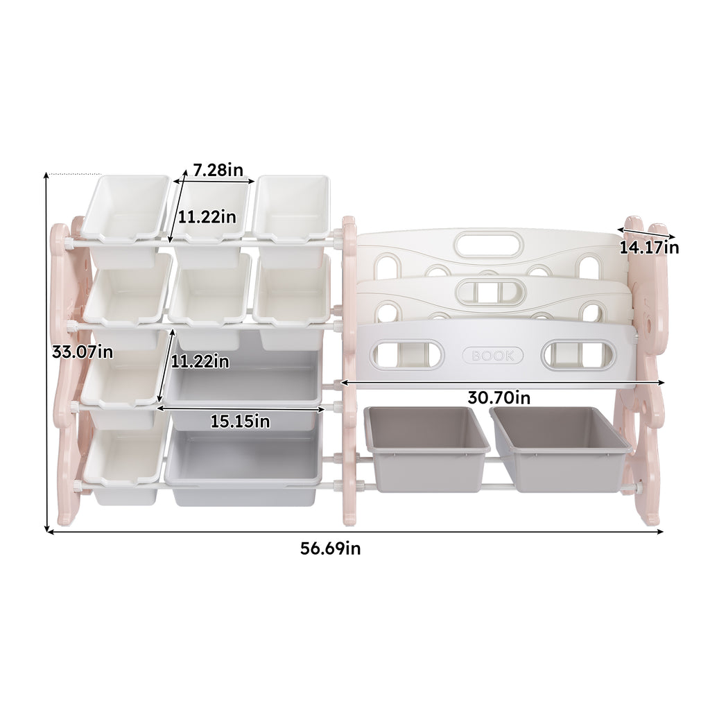 Kids Toy Storage Organizer with 2 Tier Bookshelf and 12 Toy Bins, Pink Polyethylene - Grand Goldman Shop