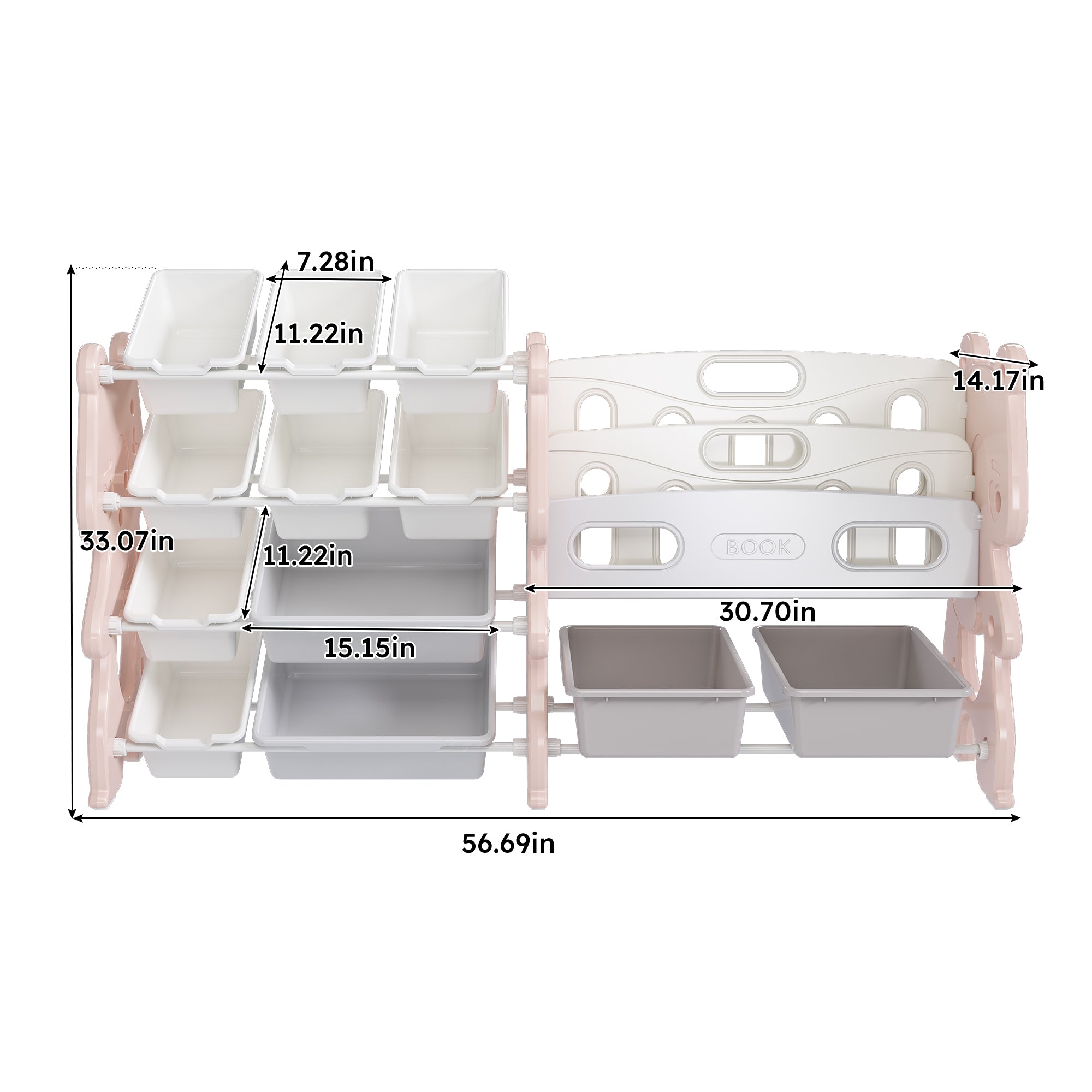 Kids Toy Storage Organizer with 2 Tier Bookshelf and 12 Toy Bins, Pink Polyethylene - Grand Goldman Shop