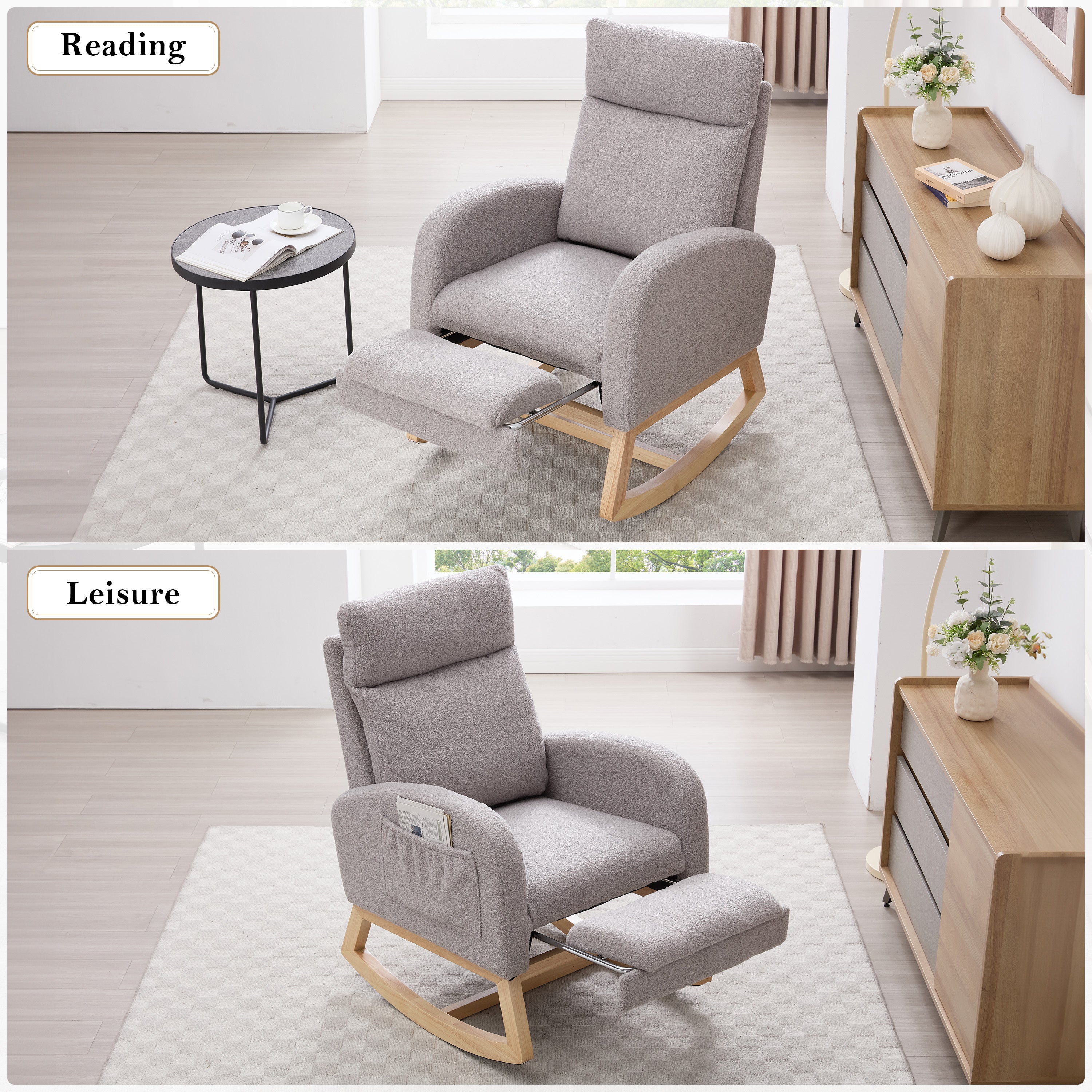 015B-Teddy Fabric Leisure Rocking Chair,Nursery Rocking Chair With Adjustable Footstool,Thickened Headrest And High Backrest, Storage Pocket On The Right Side,The Base Rocker Is Solid Wood,Light Gray - Grand Goldman Shop
