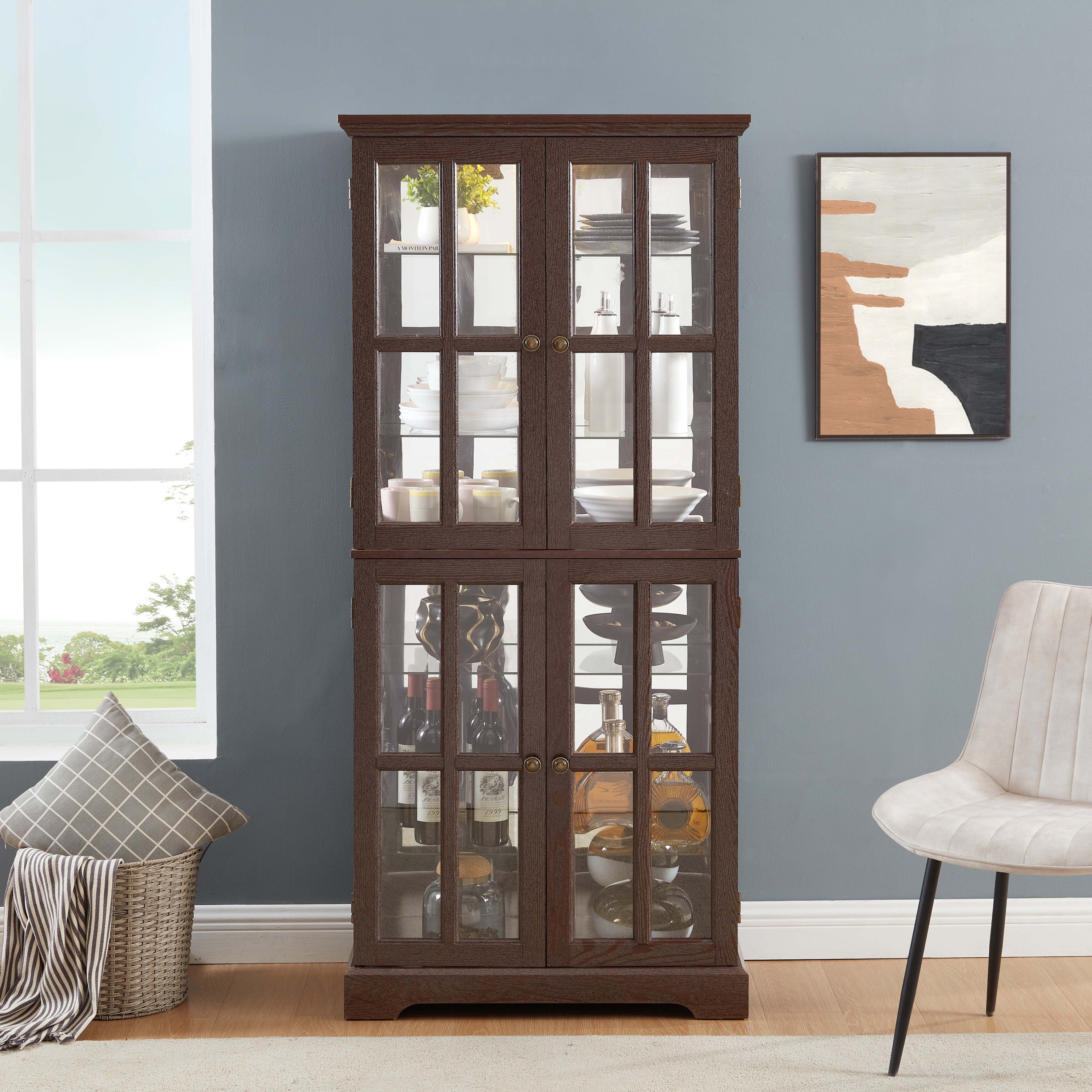 Curio Display Cabinet, Antique Display Cabinet with Glass Doors Adjustable Shelves for Collectibles Four Door Design Vintage Showcase for Home or Office Antique Display Case E26 Bulb Included CHE - Grand Goldman Shop