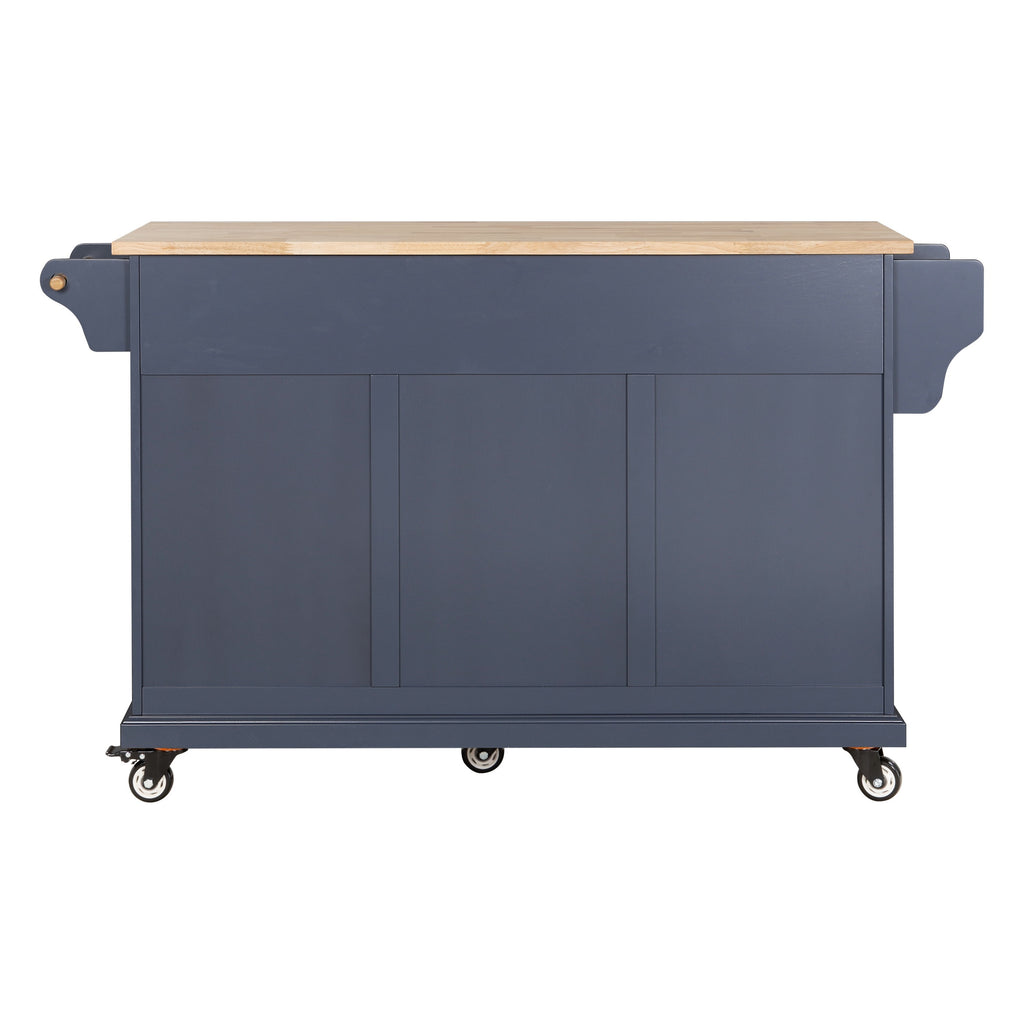 Kitchen Island with Rubber wood Countertop, Kitchen Cart on 5 Wheels with Storage Cabinet and 2 Top Drawers and A center double layered storage drawer for Dinning Room, Blue - Grand Goldman Shop