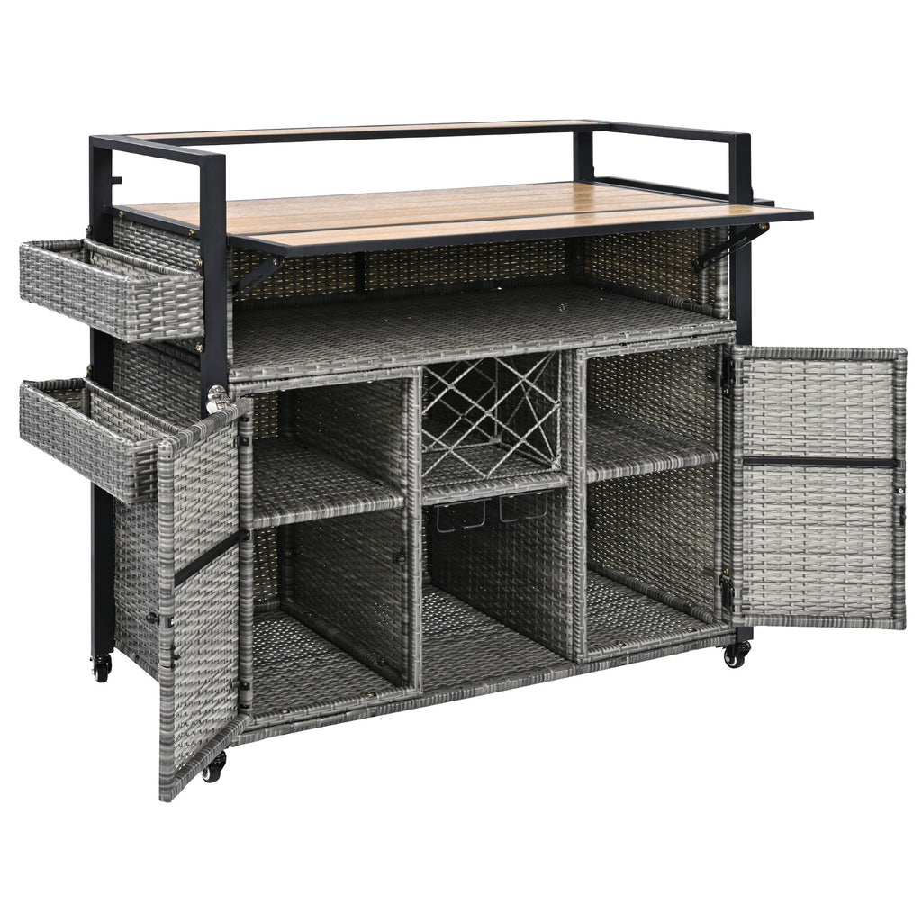 K&K 52.8'W Wicker Outdoor Grill Cart with Extended Plastic Wood Table Top, Rolling Kitchen Island on Wheels with Storage Cabinet, for Patio Backyard Garden Poolside, Double Handle Design, Grey - Grand Goldman Shop
