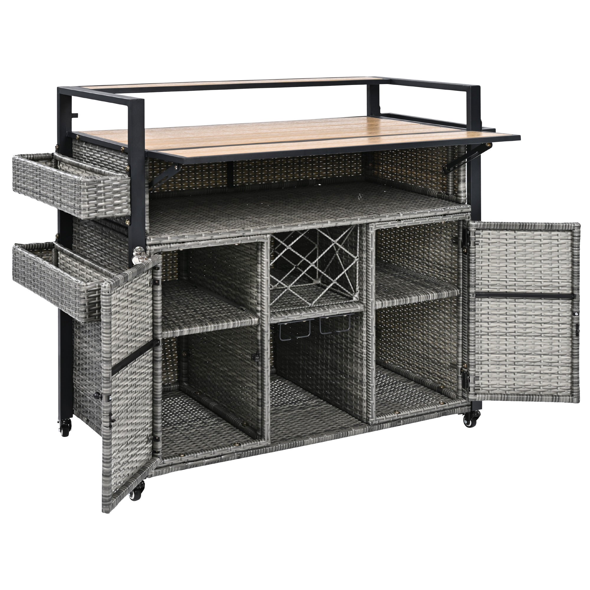 K&K 52.8'W Wicker Outdoor Grill Cart with Extended Plastic Wood Table Top, Rolling Kitchen Island on Wheels with Storage Cabinet, for Patio Backyard Garden Poolside, Double Handle Design, Grey - Grand Goldman Shop