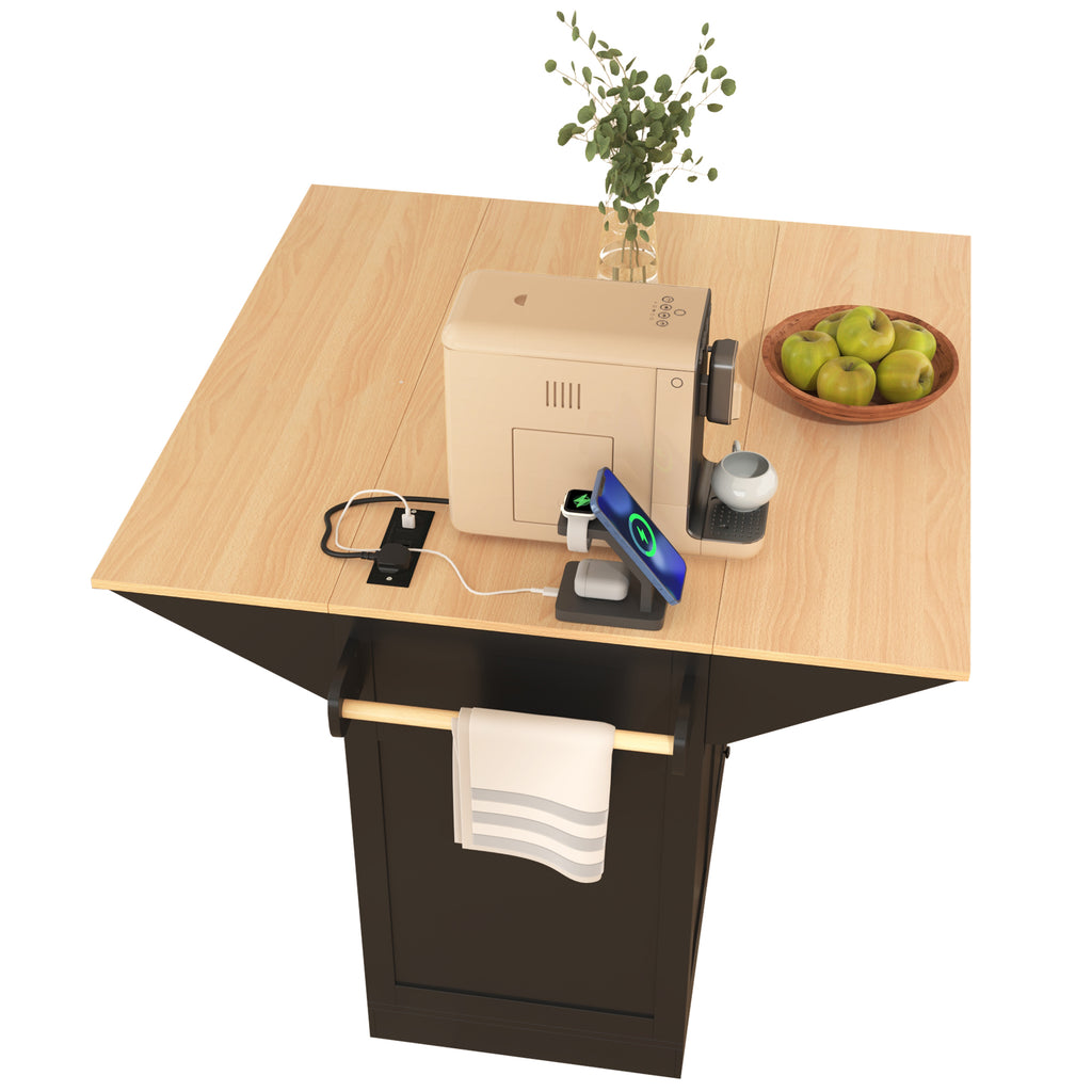 K&K 55.7'' Large Kitchen Island with 2 Drop Leaf,, Rolling Kitchen Cart on 5 Wheels with Power Outlet, Folding Storage Dining Table with Spice & Towel Rack , 3 Drawers, for Kitchen, Dining Room,Black - Grand Goldman Shop