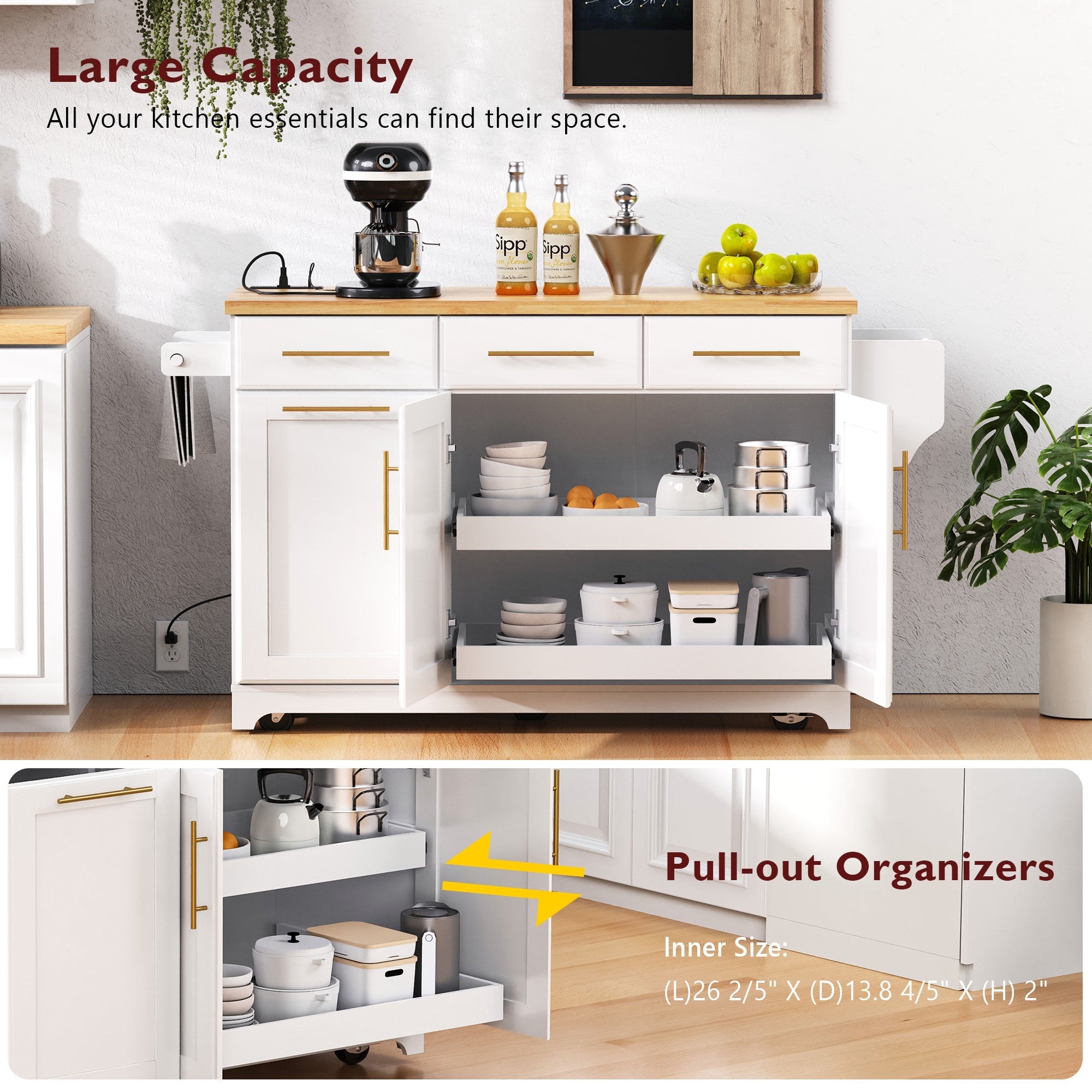 K&K 59.3' Kitchen Island with Storage 2 Pull Out Cabinet Organizers & Rubber Wood Drop Leaf, Rolling Kitchen Island with Trash Can Storage, Power Outlet, Spice & Towel Rack for Kitchen, Dining, White - Grand Goldman Shop