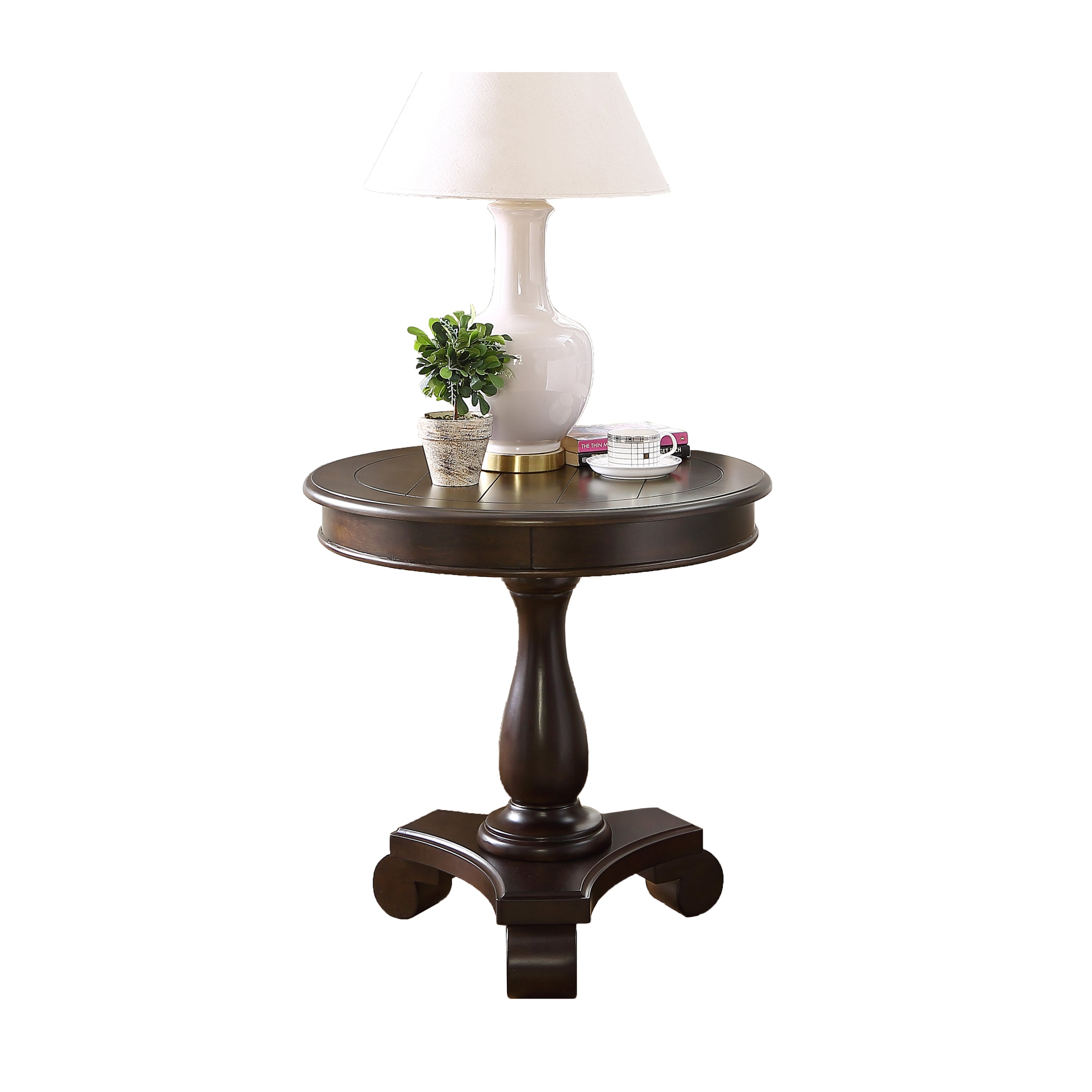 Rene Round Wood Pedestal Side Table, Espresso - Grand Goldman Shop