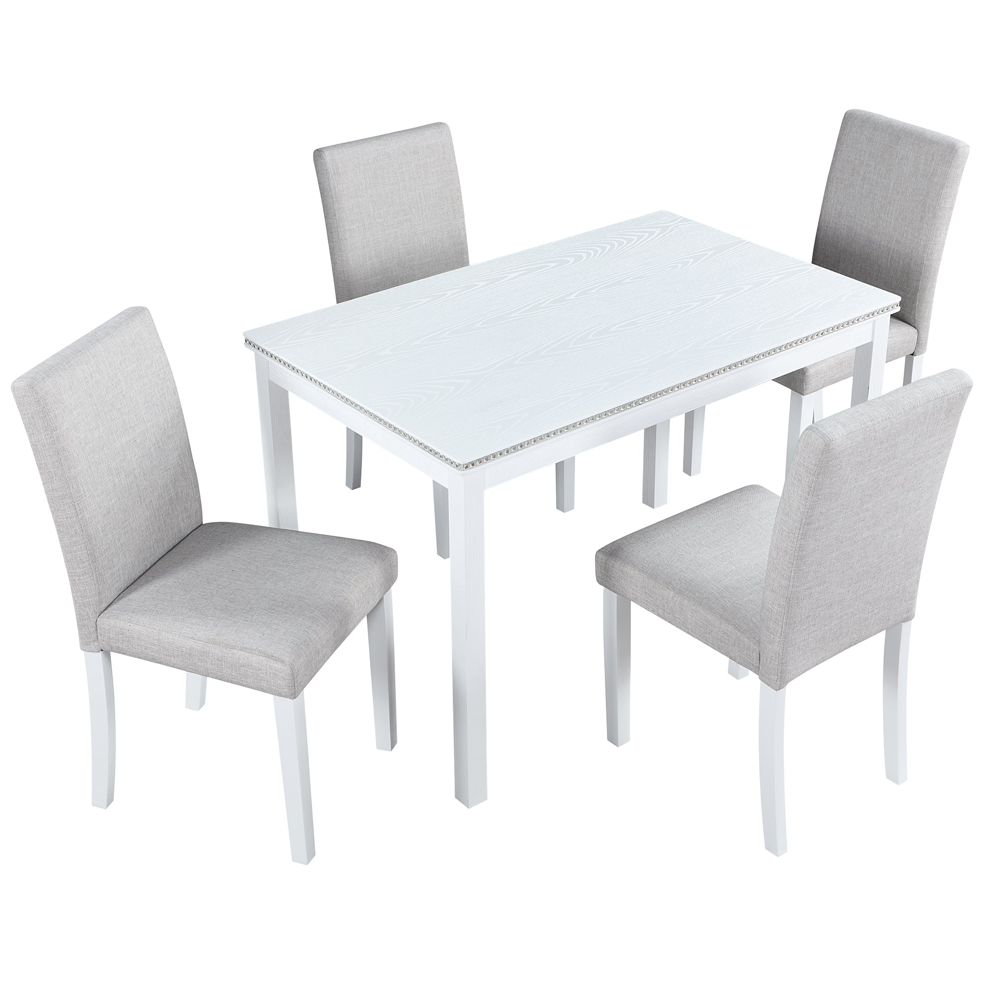 5-Piece Wooden Dining Table Set with Rectangular Table and 4 Upholstered Chairs – White Dining Room Set with Crystal Decoration for Kitchen or Dining Room - Grand Goldman Shop