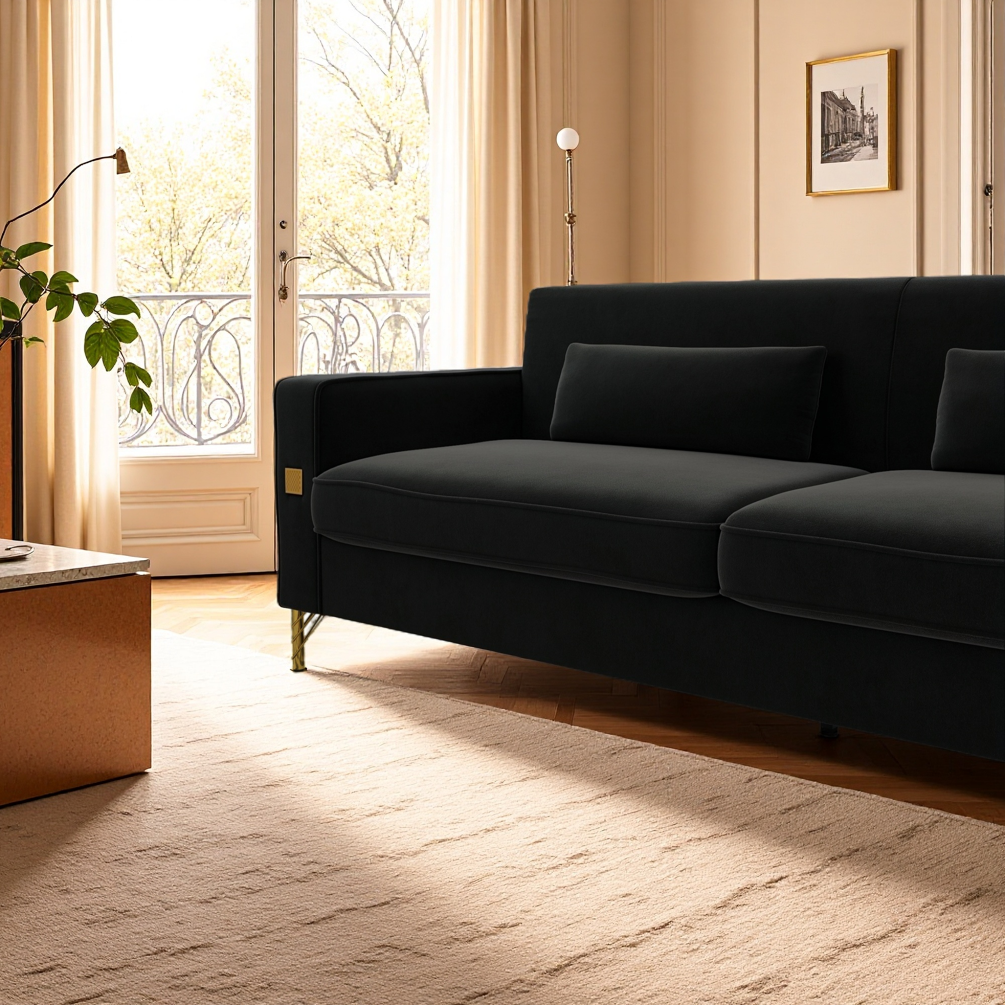 FX-P18-BK(sofa)Luxury Velvet Sofa with Gold Accents - Modern 3-Seat Couch with Plush Cushions, Perfect for Living Room and Office Decor - Grand Goldman Shop