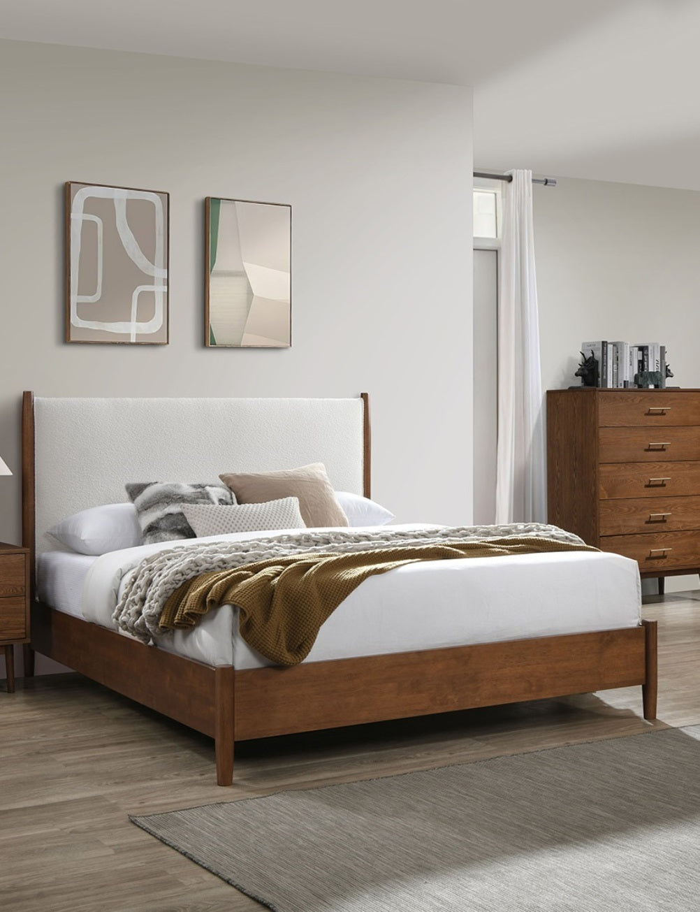 Walnut Color 3pc Bedroom Set Eastern King Size Bed 2x Nightstands Beige Upholstered Fabric Panel HB Mid-Century Modern Style - Grand Goldman Shop