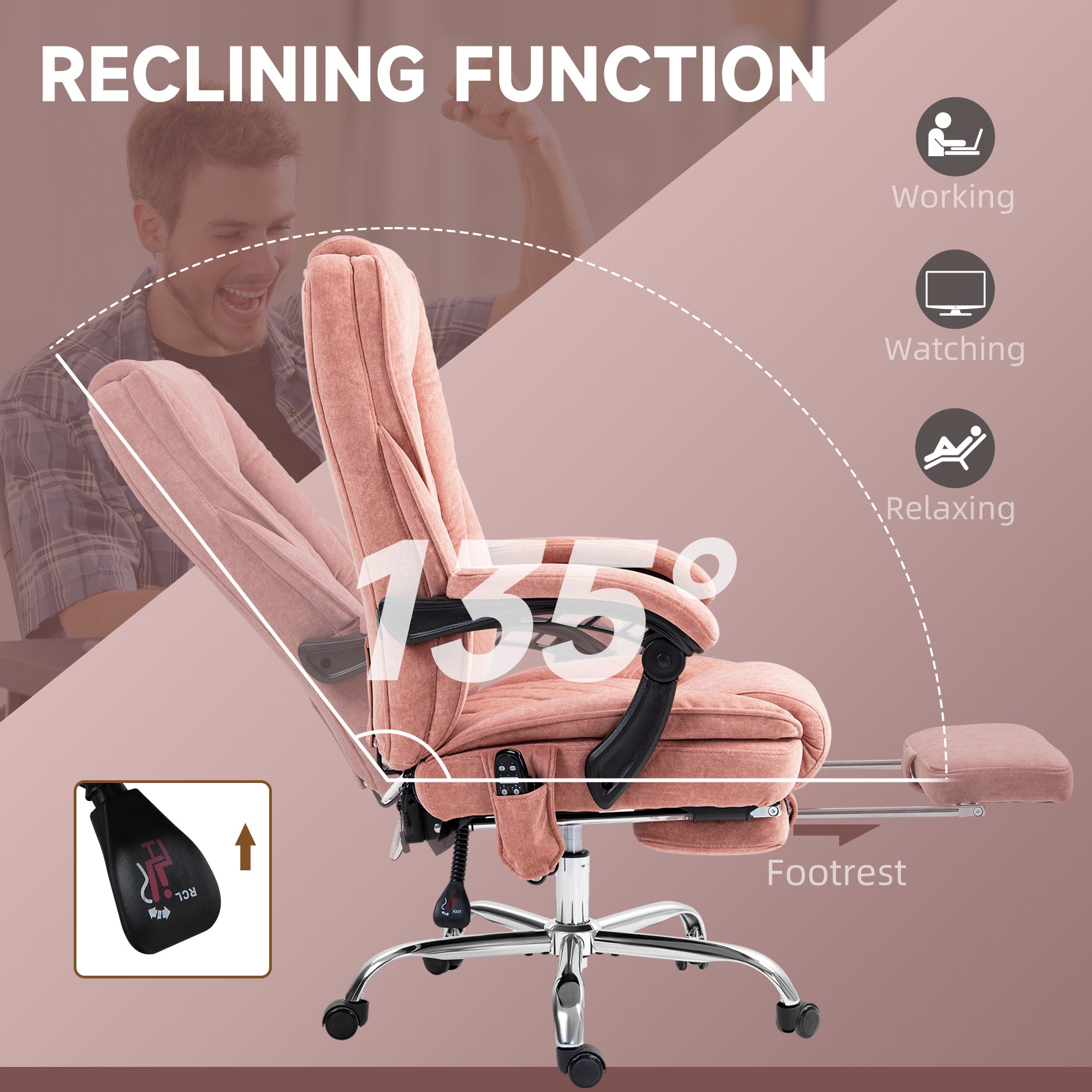 Heated Reclining Massage Office Chair with Adjustable Height and Footrest, Pink | Premium Home Decor - Grand Goldman