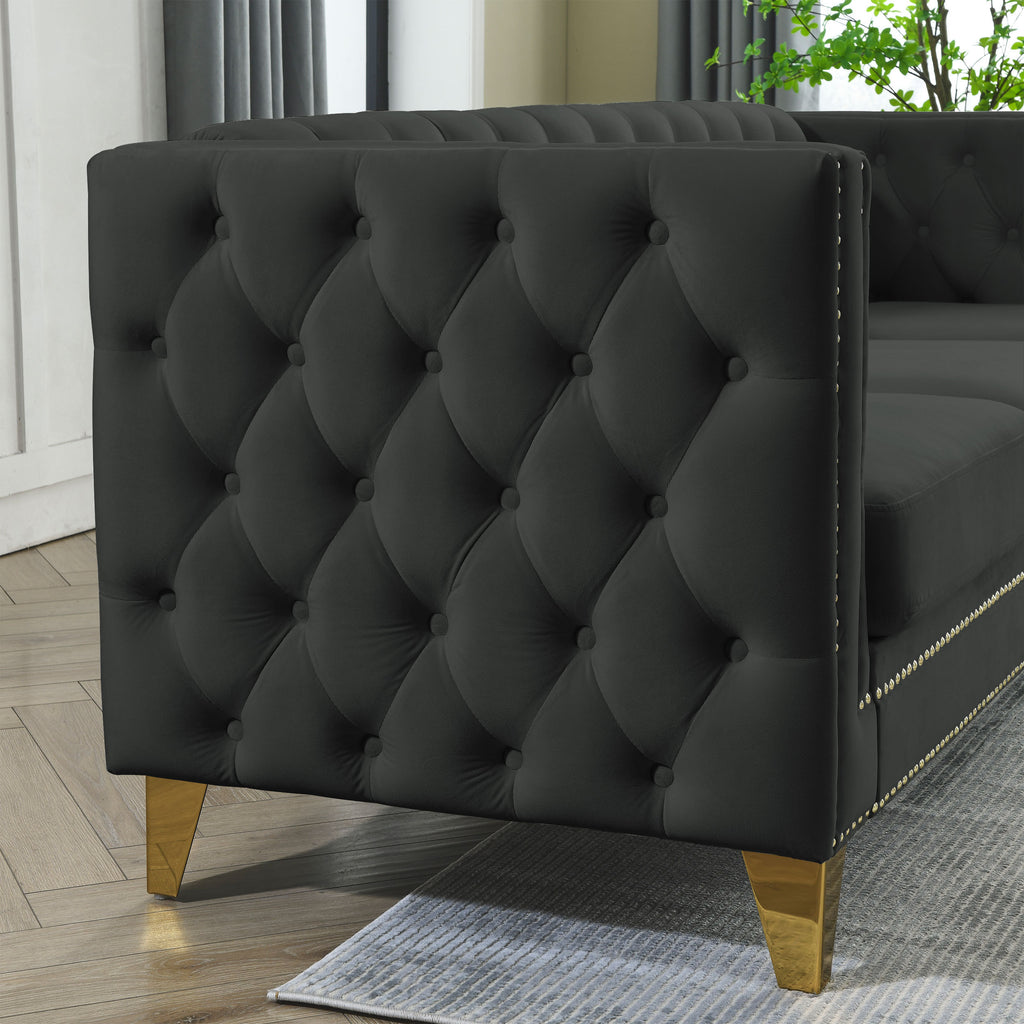 Modern Black Velvet Sofa with Button Tufting and Metal Legs, 3-Seater Couch for Living Room or Bedroom, Upholstered in Soft Velvet with Solid Wood Frame - Grand Goldman Shop
