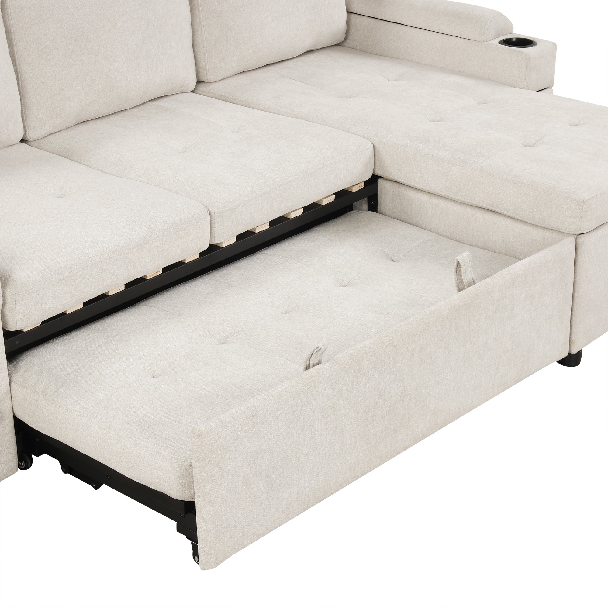 Convertible L-shaped Beige Sofa Couch with Storage, Cup Holders, USB Ports, Chenille Fabric - Grand Goldman Shop