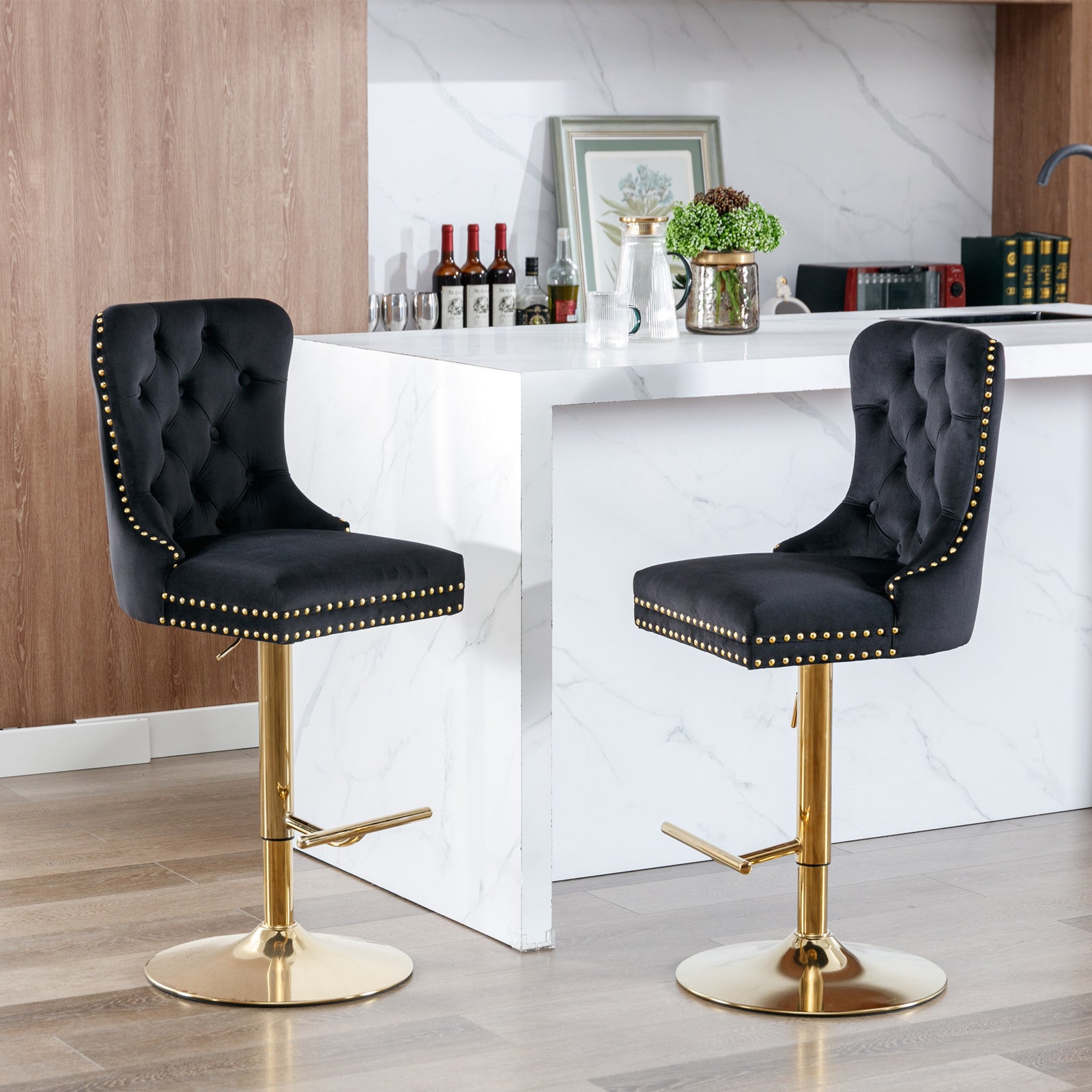 A&A Furniture Modern Swivel Velvet Barstools with Adjustable Seat Height, Comfortable Black Tufted Upholstery, Set of 2 - Grand Goldman Shop