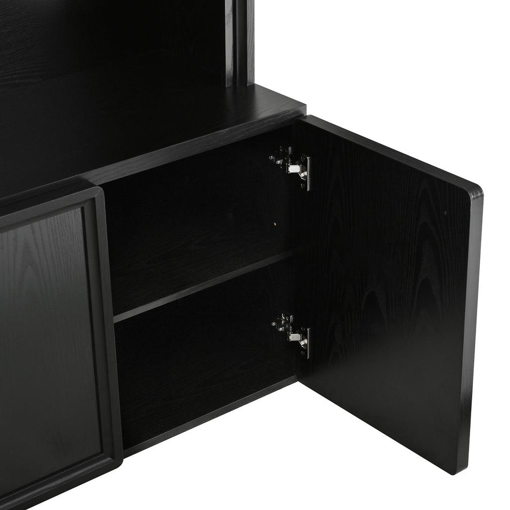 ON-TREND Farmhouse All-in-One Hall Tree with Adjustable Shelves, Retro Arched Entryway Storage Bench with 3 Cabinets, Wooden Coat Rack Organizer with 4 Golden Hooks for Mudroom, Hallway, Black - Grand Goldman Shop