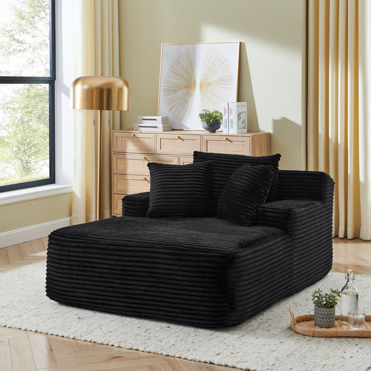 Single lazy sofa lounge chair, no assembly required, made of velvet fabric, fluffy modern single lounge chair, used for indoor living rooms and bedrooms-Black - Grand Goldman Shop