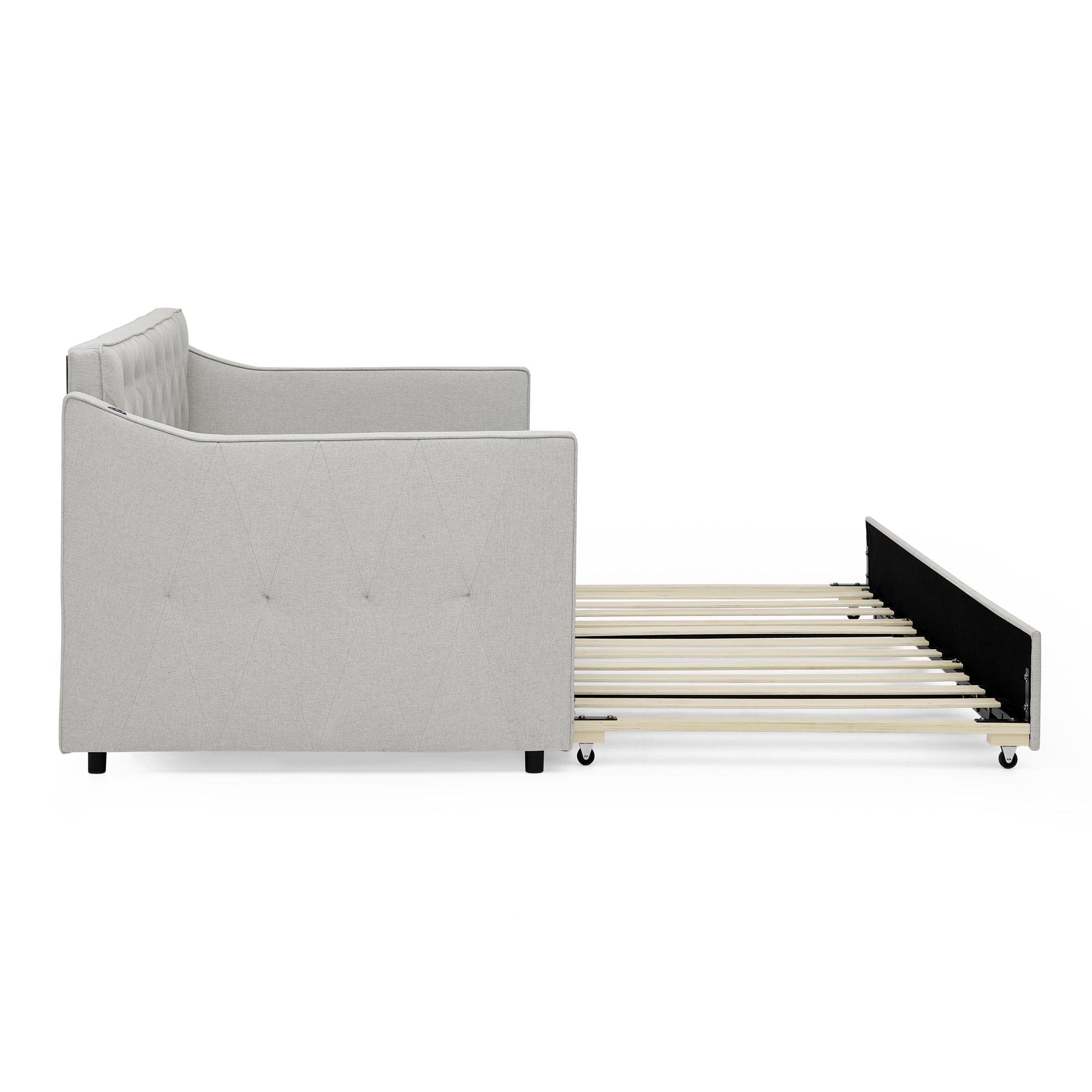 Beige Linen Upholstered Twin Daybed with Pop-up Trundle and USB Charging Armrest - Grand Goldman Shop