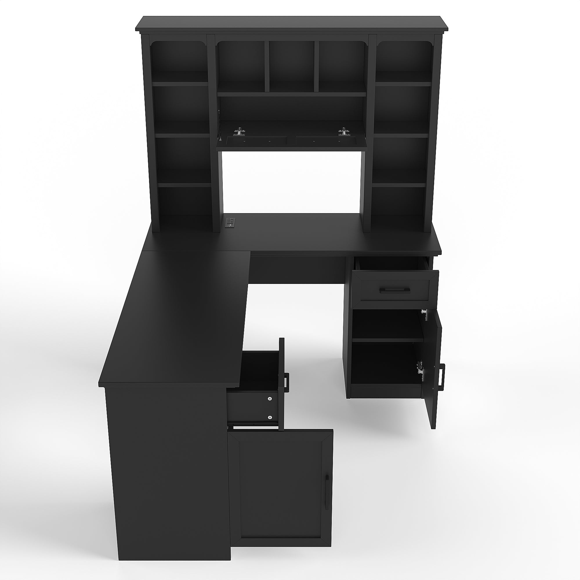 L-shaped computer desk with 2 cabinets and 2 drawers underneath the table, 11 open shelves and a flip-up shelf with storage o
