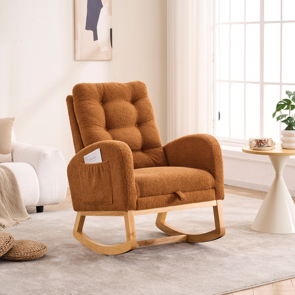 LY-5104 Caramel Accent Rocking  Chair with  Footrest High Back Rubber Wood Rocking Legs Bedroom Living Space   26.77D X 38.36W X 39.76H Inch - Grand Goldman Shop