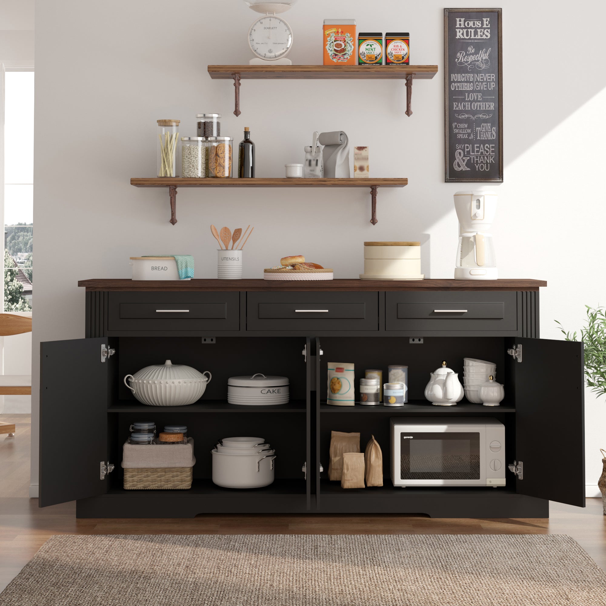 Black Fluted Sideboard Buffet Cabinet with 4 Doors and 3 Drawers, Modern Wood Kitchen Storage Console Table for Living Room Dining Room Entryway, 63' - Grand Goldman Shop