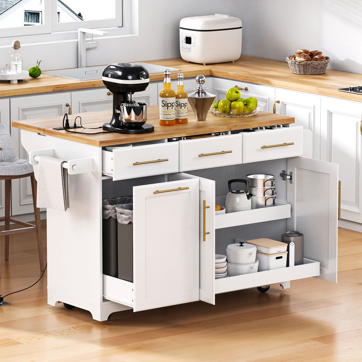 K&K 59.3' Kitchen Island with Storage 2 Pull Out Cabinet Organizers & Rubber Wood Drop Leaf, Rolling Kitchen Island with Trash Can Storage, Power Outlet, Spice & Towel Rack for Kitchen, Dining, White - Grand Goldman Shop