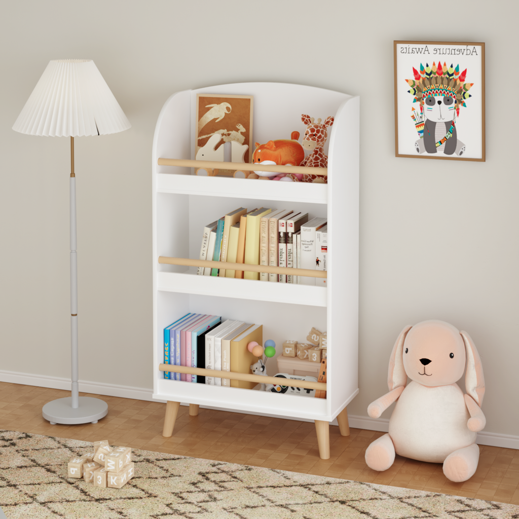 Kids Bookshelf 3-Tier White Book Organizer with Toy Storage, MDF and Pine Wood Legs | Premium Home Decor - Grand Goldman