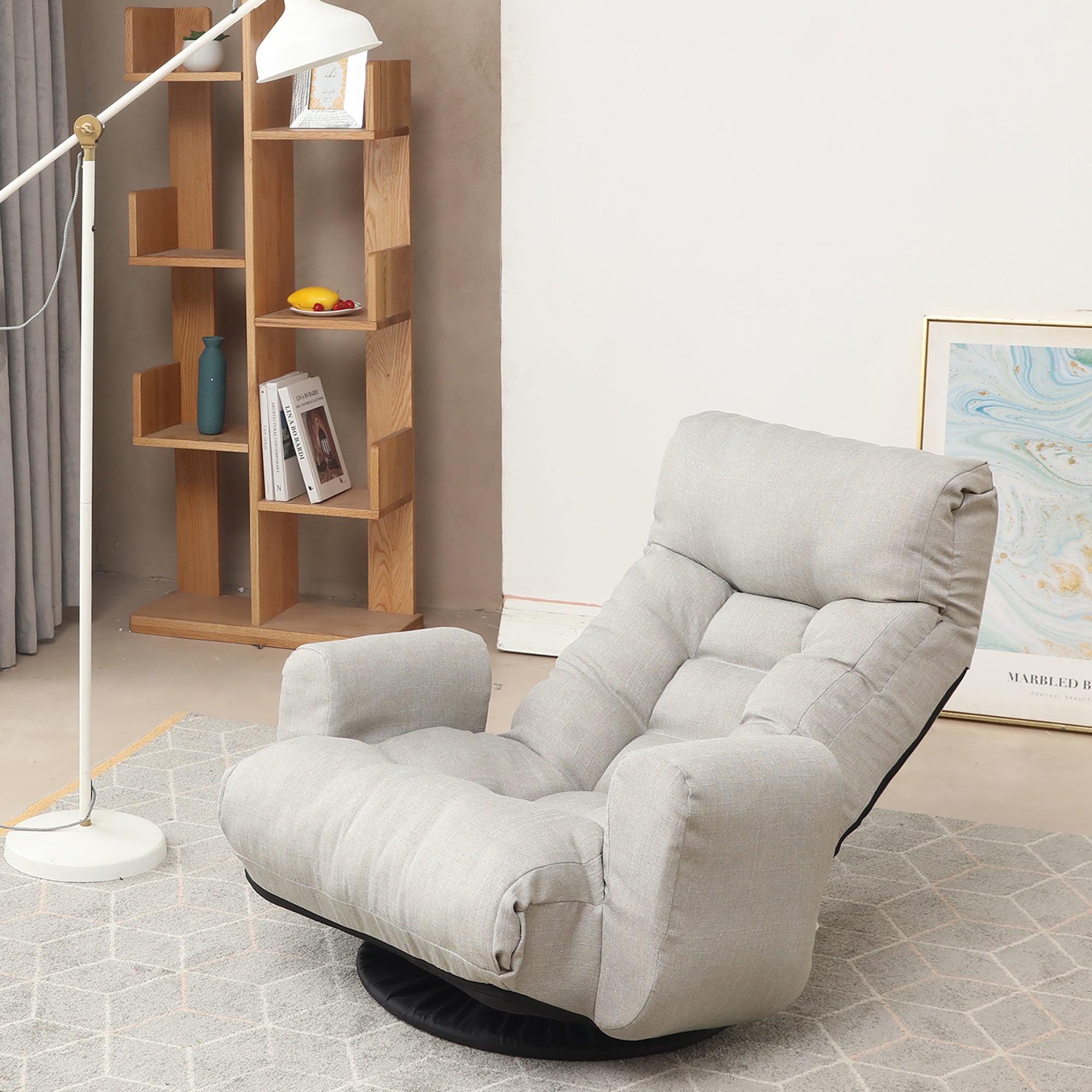 Modern Gray with Metal Frame Swivel Game Lounge Chair with Adjustable Headrest and Waist Support – 360-Degree Rotatable Leisure Chair for Living Room - Grand Goldman Shop