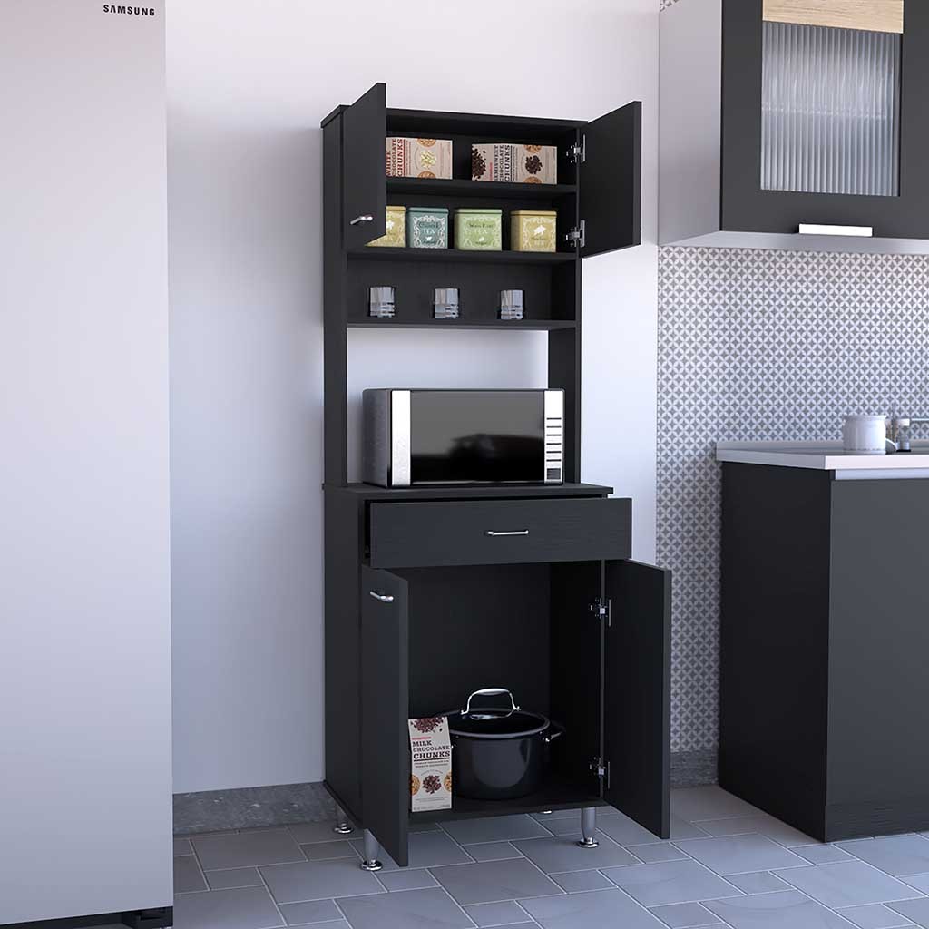 Della 60 Kitchen Pantry with Countertop, Closed & Open Storage -Black - Grand Goldman