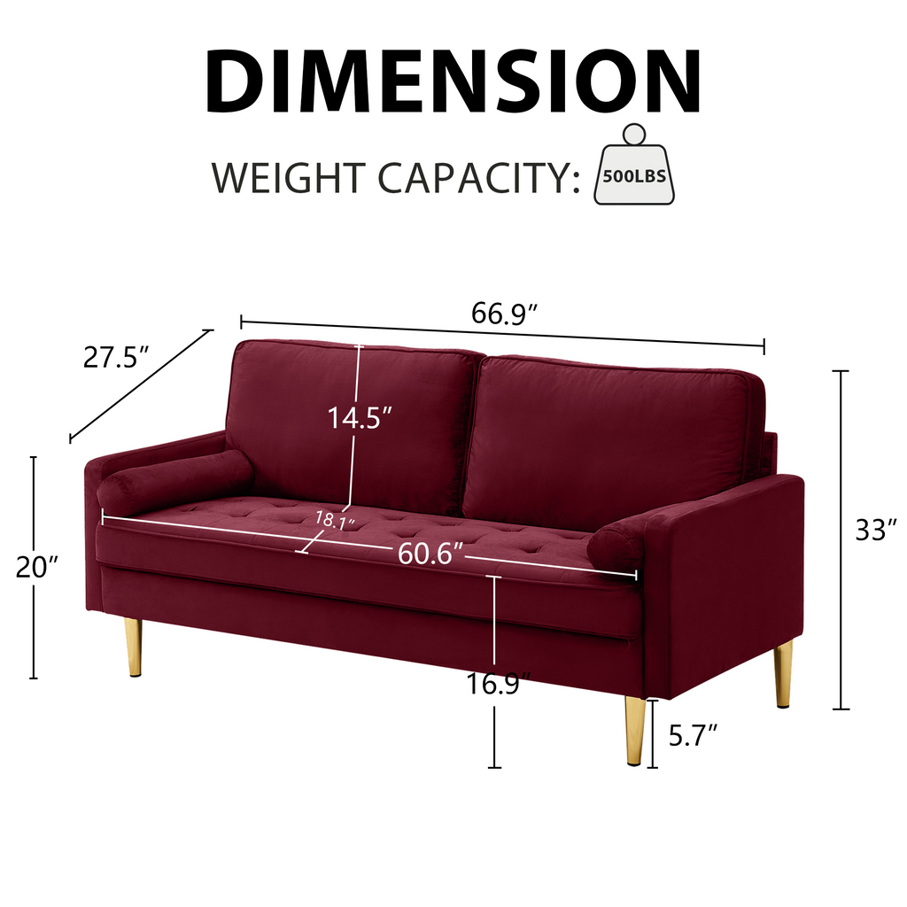 65-inch minimalist velvet sofa with metallic-coloured legs, complete with cushions, suitable for the living room or bedroom. - Grand Goldman Shop