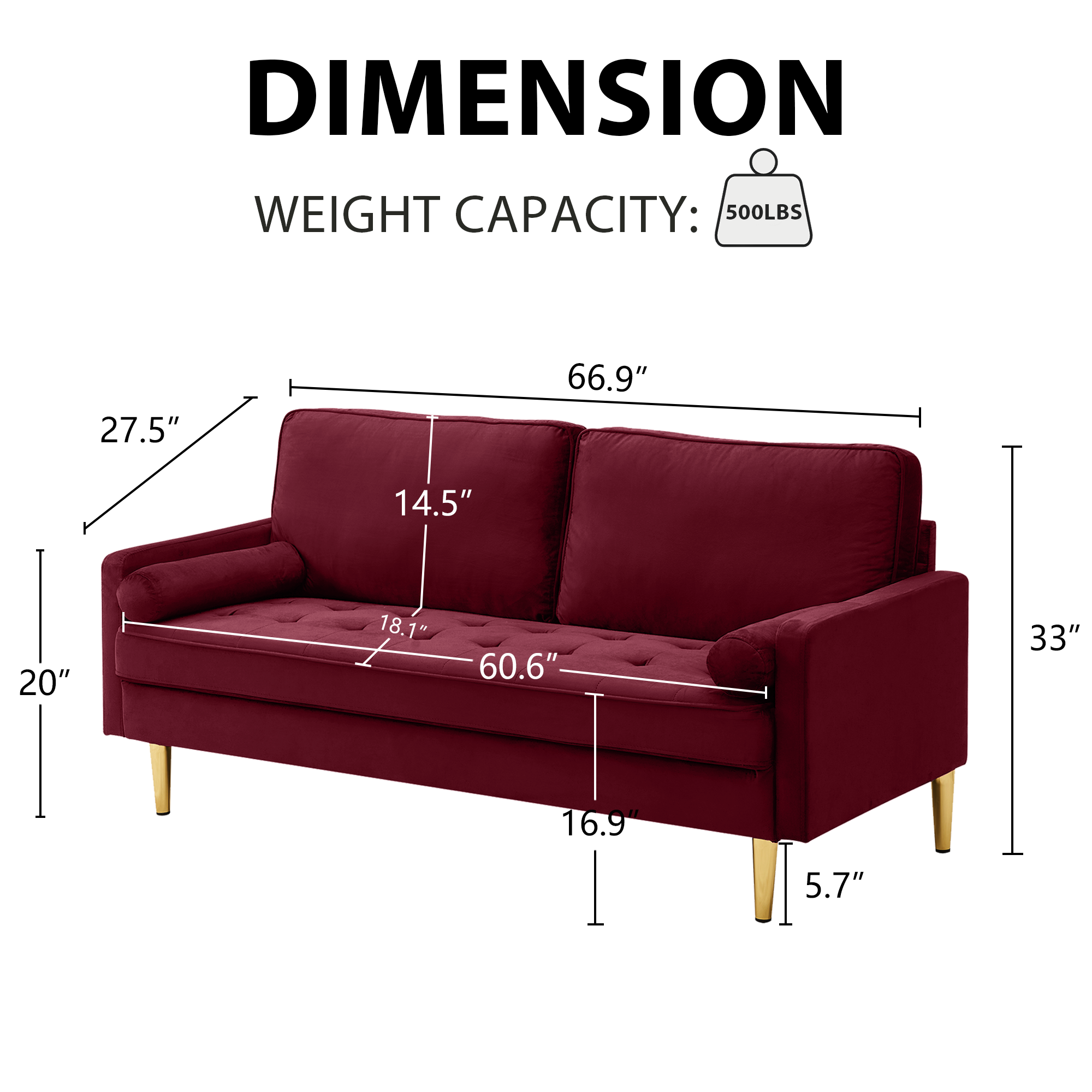 65-inch minimalist velvet sofa with metallic-coloured legs, complete with cushions, suitable for the living room or bedroom. - Grand Goldman Shop